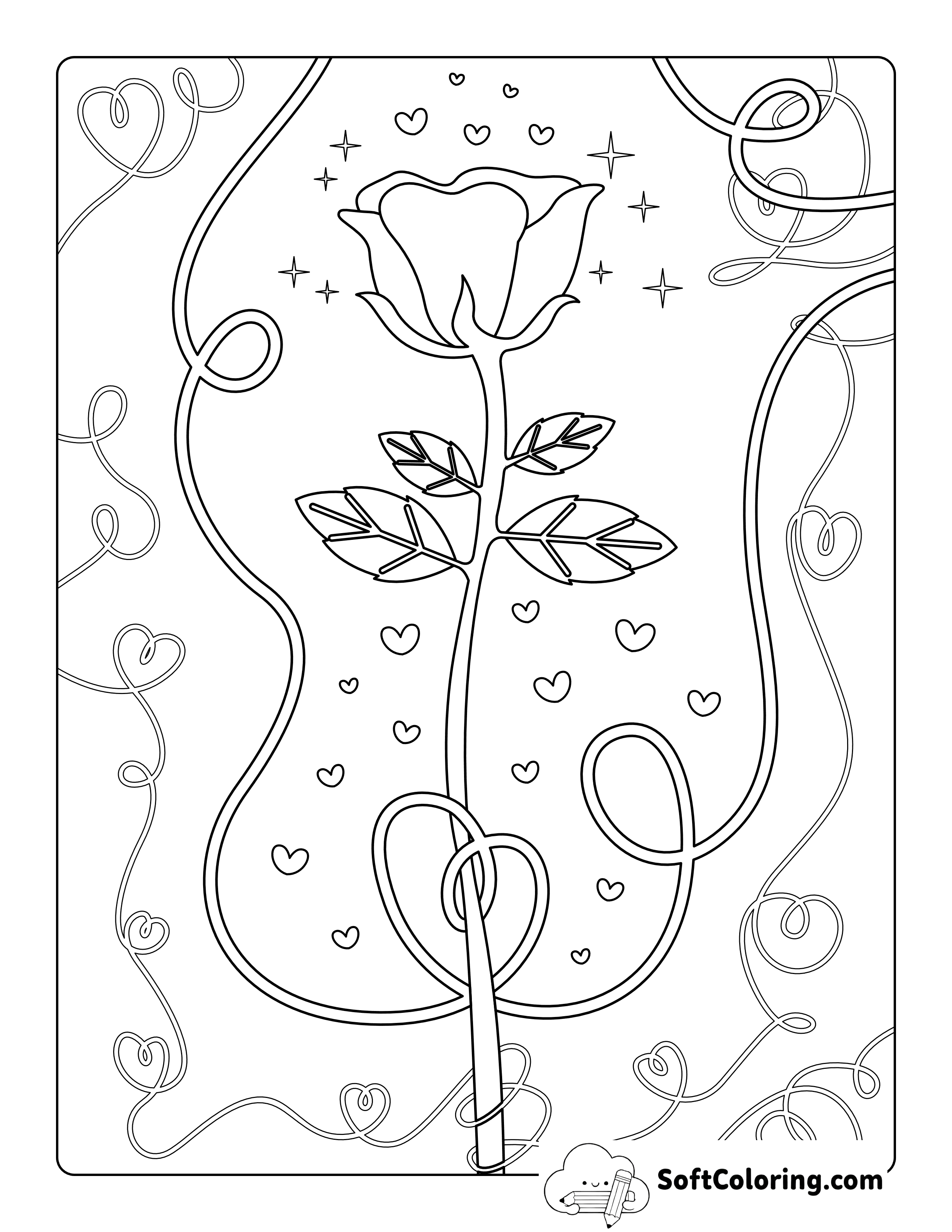 Cute Rose Coloring Page with Hearts