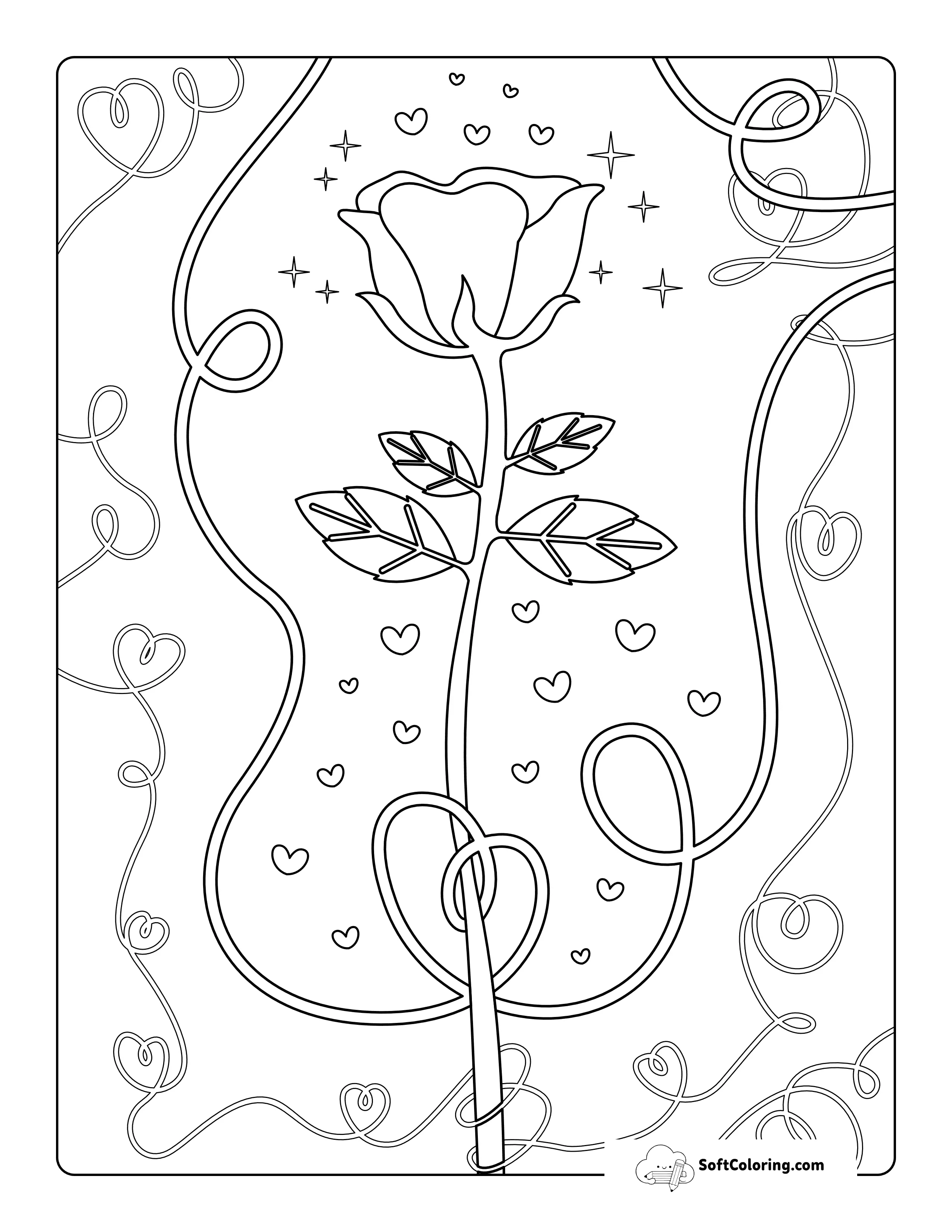Cute Rose Coloring Page With Hearts