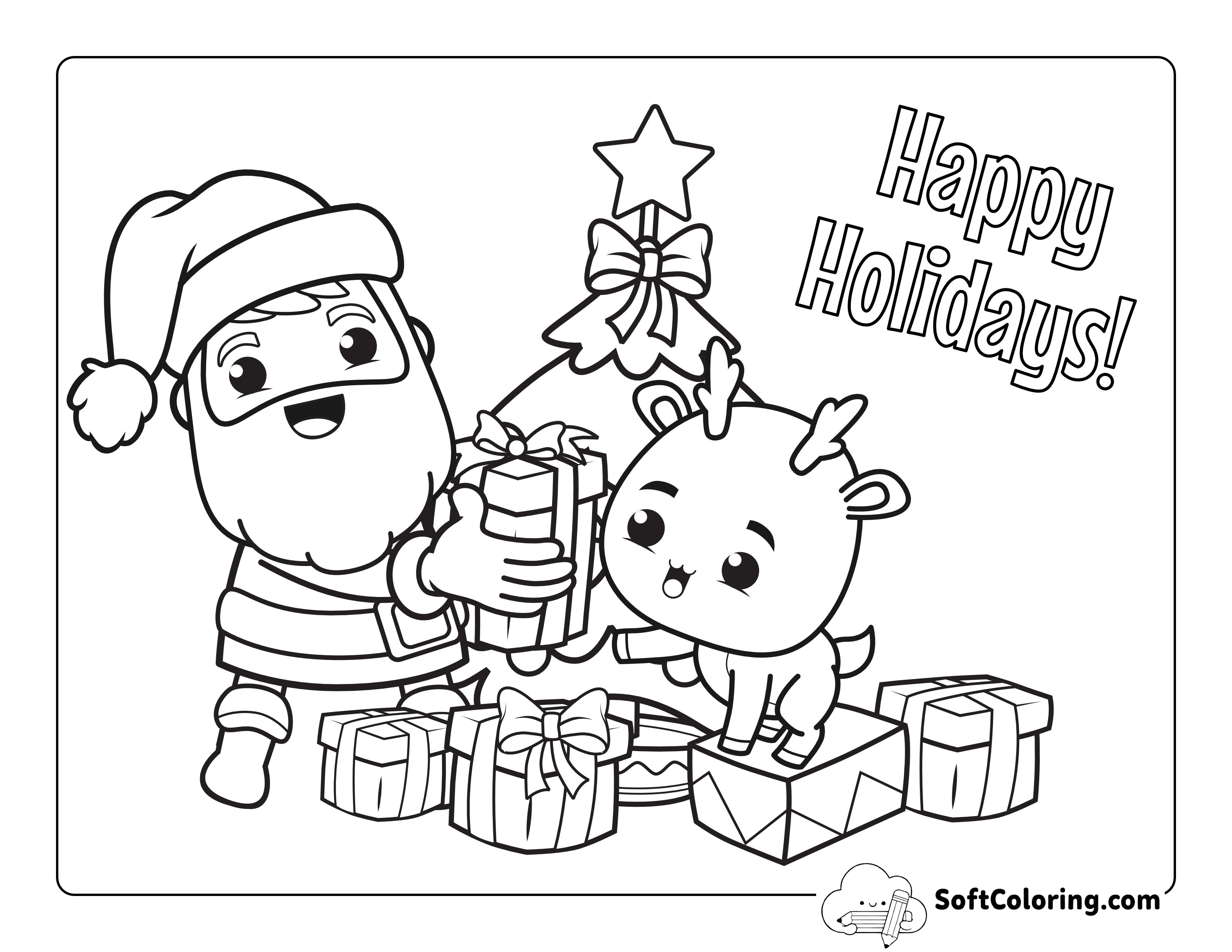 Kawaii Santa and Reindeer Picture to Color