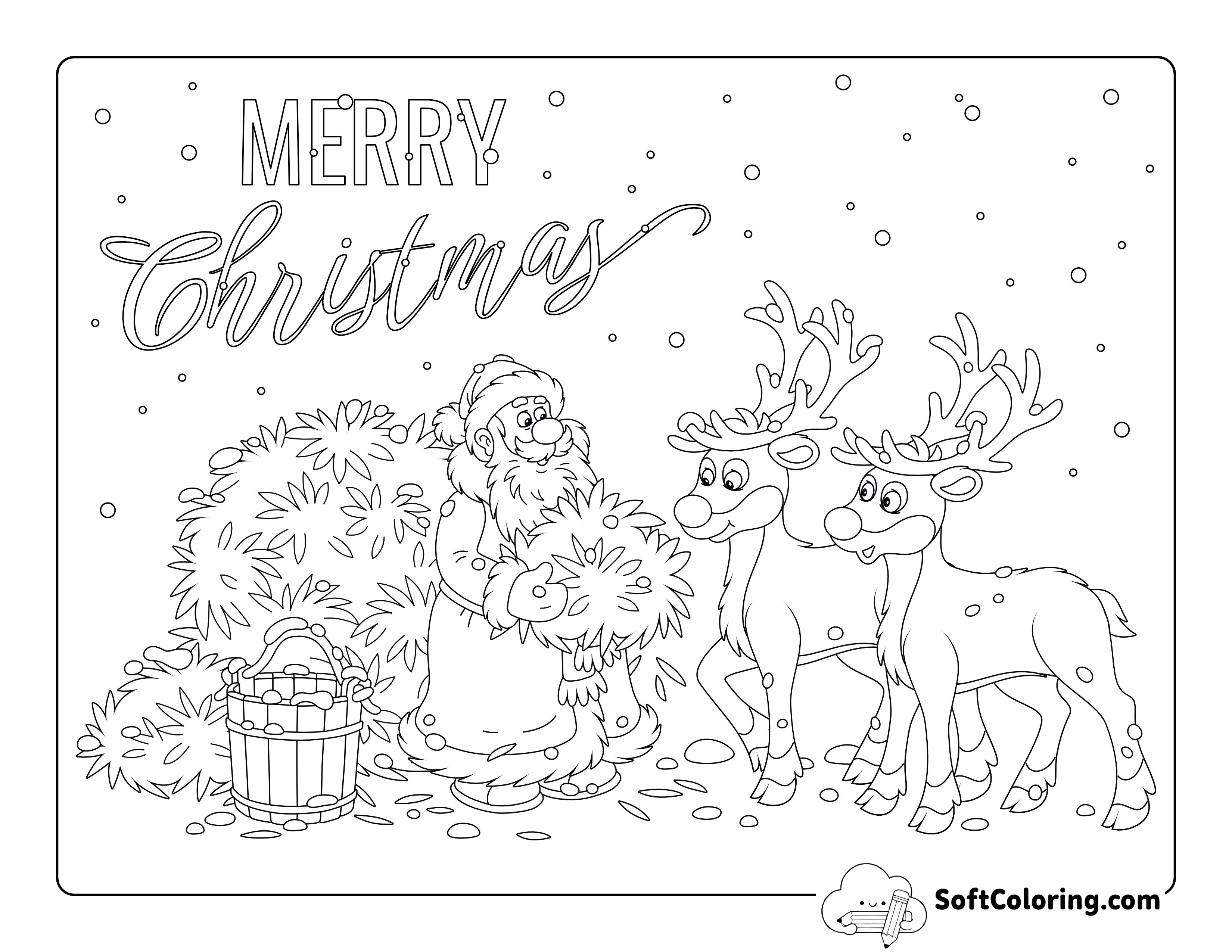 Santa Claus Feeding Reindeer Coloring Sheet