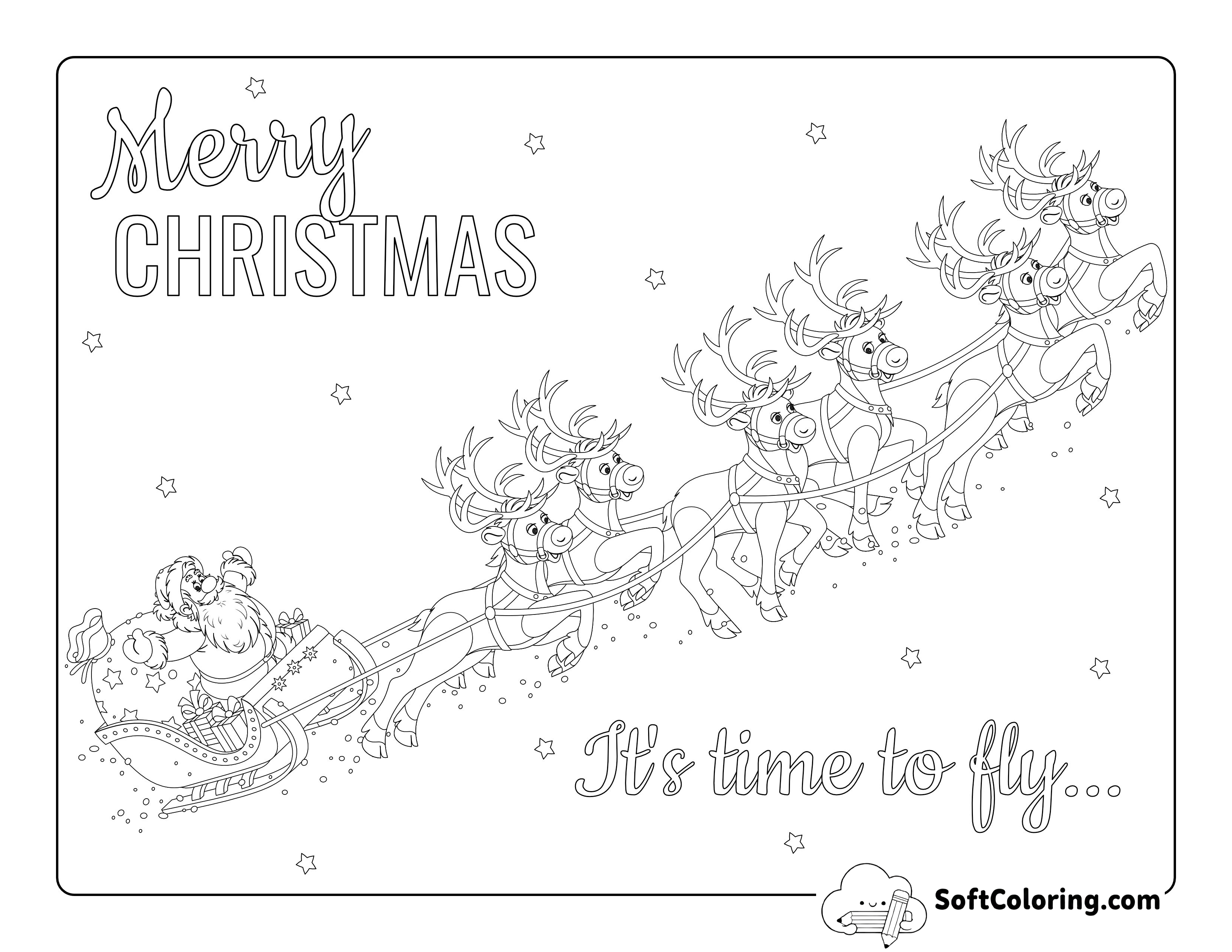 Flying Santa's Sleigh with Reindeer Coloring Page for Adults