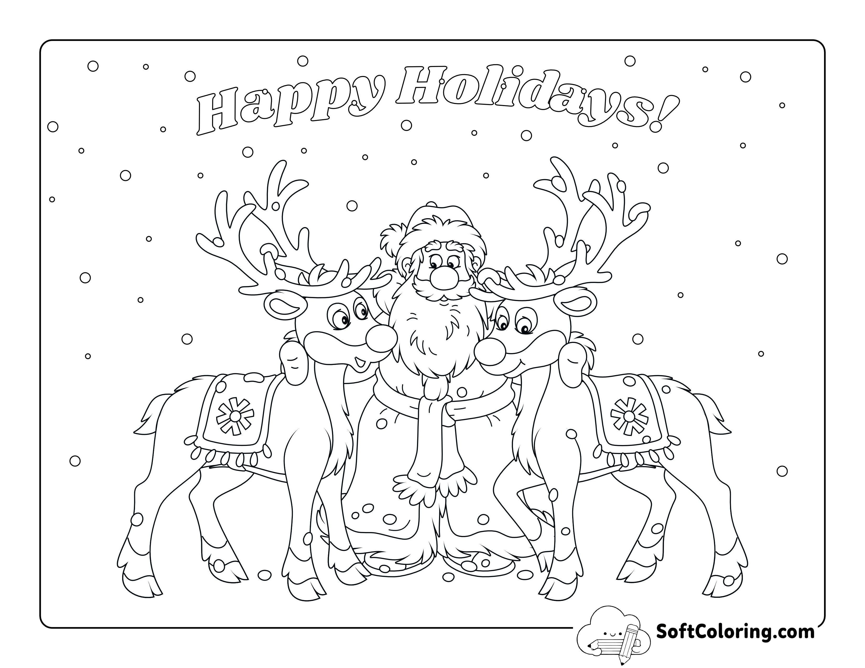 Cute Father Christmas with Reindeer Coloring Page