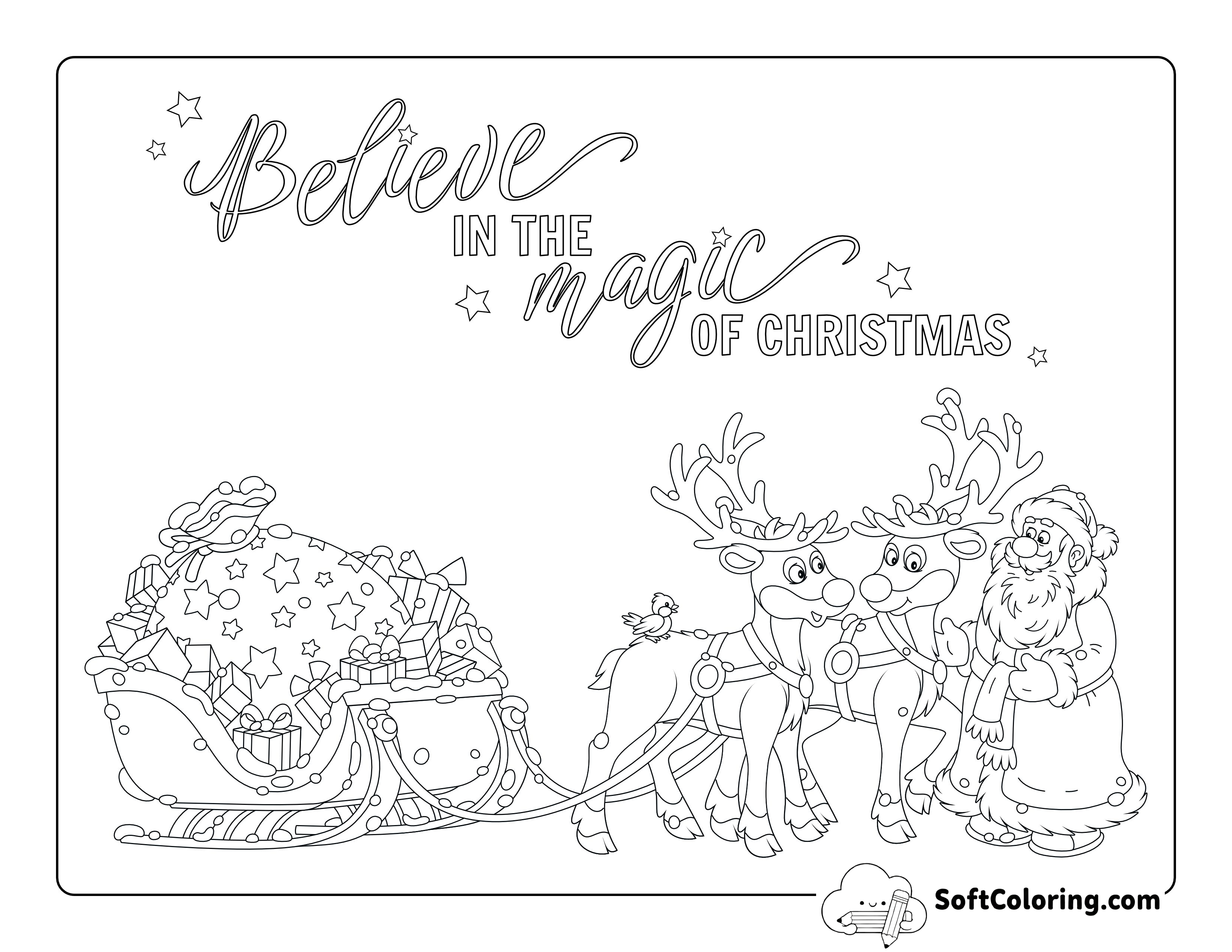 Santa Claus with Sleigh Pulled by Reindeer Coloring Sheet