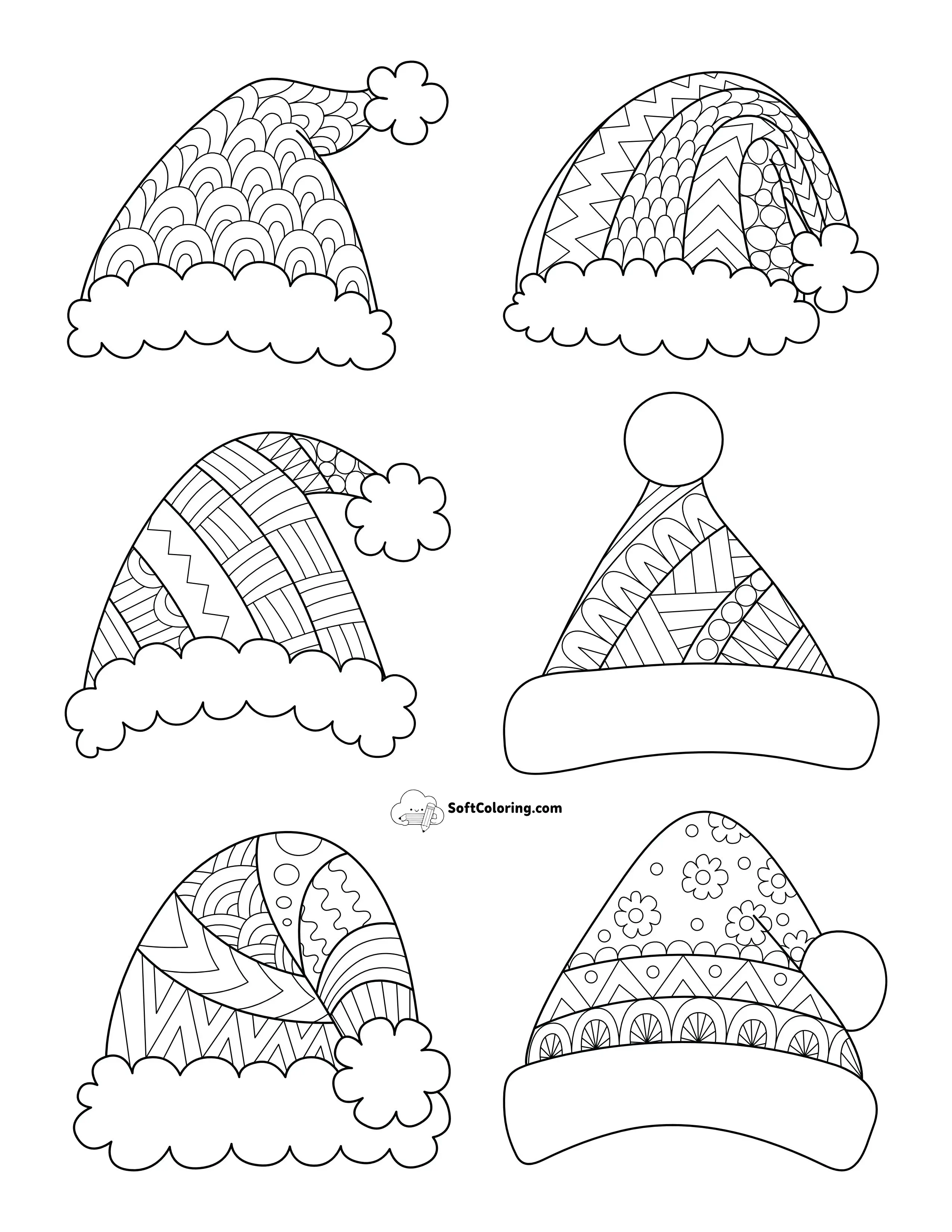 6 Patterned Santa Hats Printable Pdf