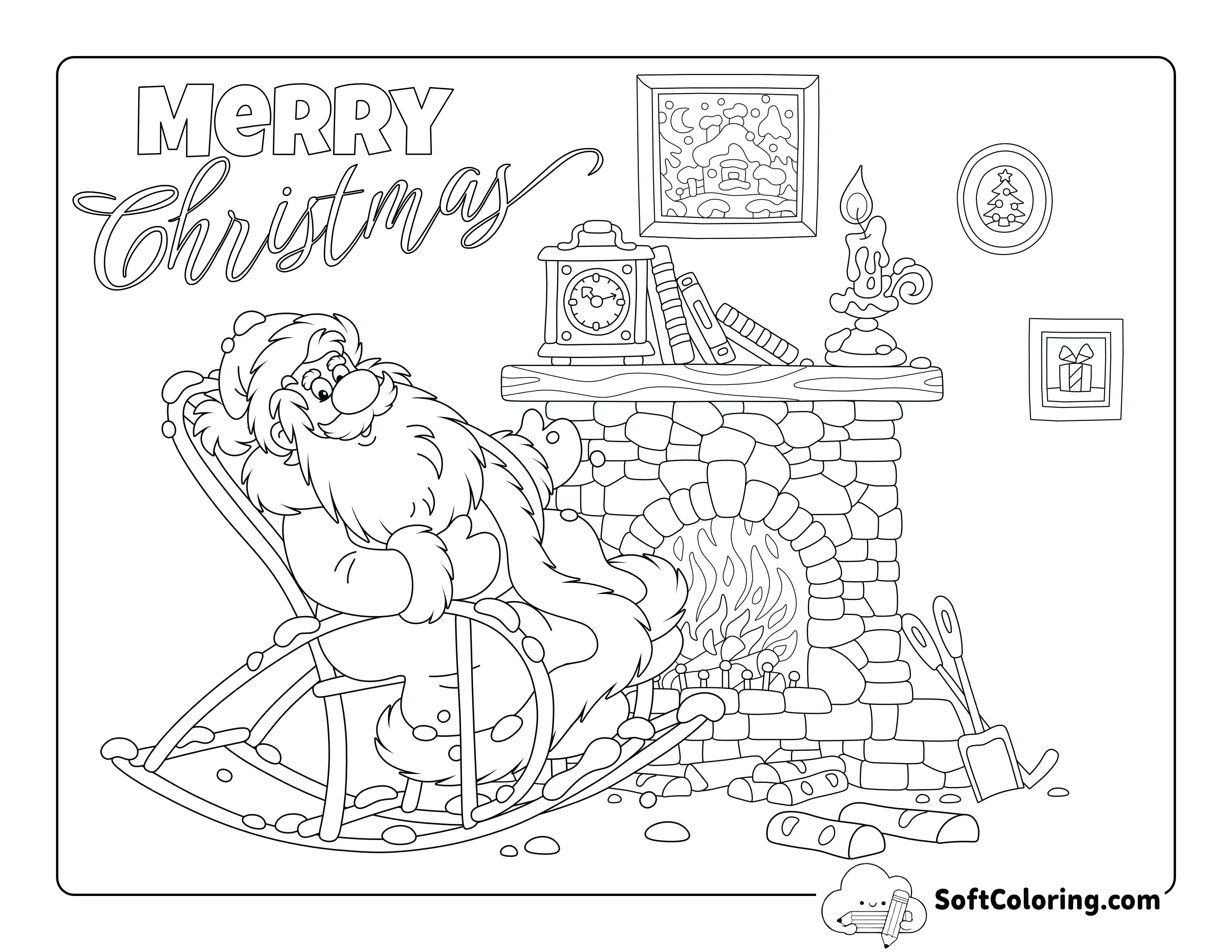 "Merry Christmas" Fireside Santa Coloring Page for Adults