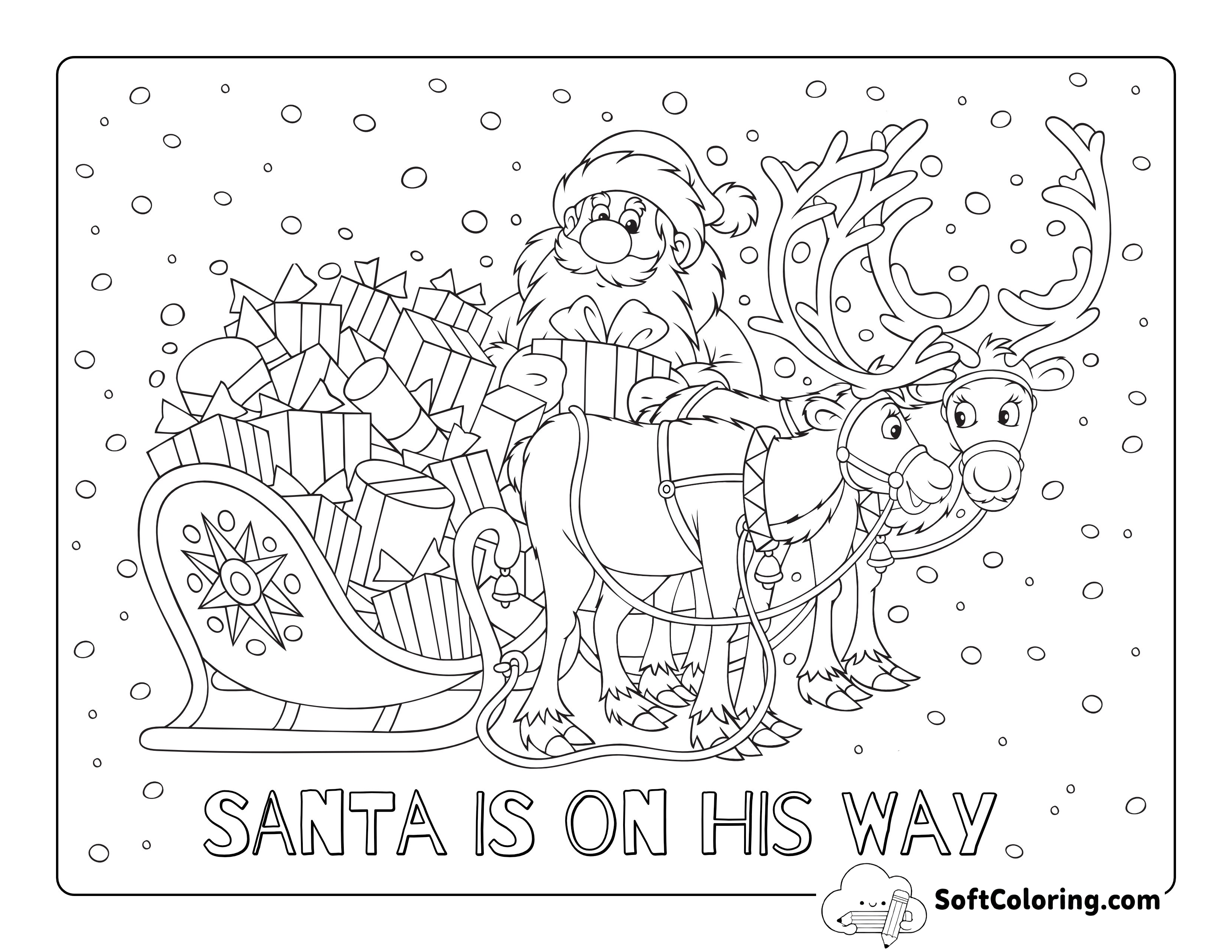 Santa Claus with Reindeer & Sleigh Coloring Sheet