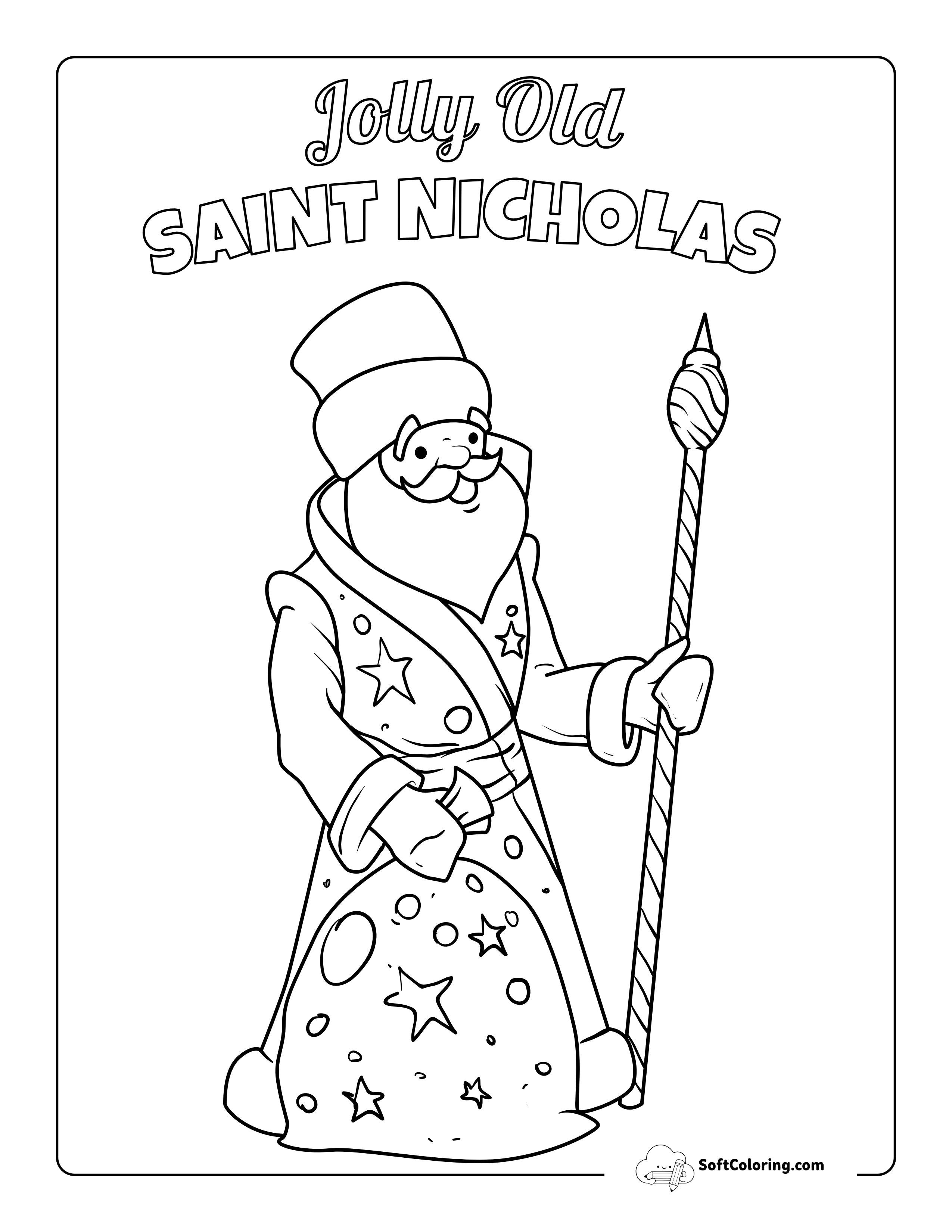 Saint Nicholas With Staff & Sack Of Gifts Picture To Color