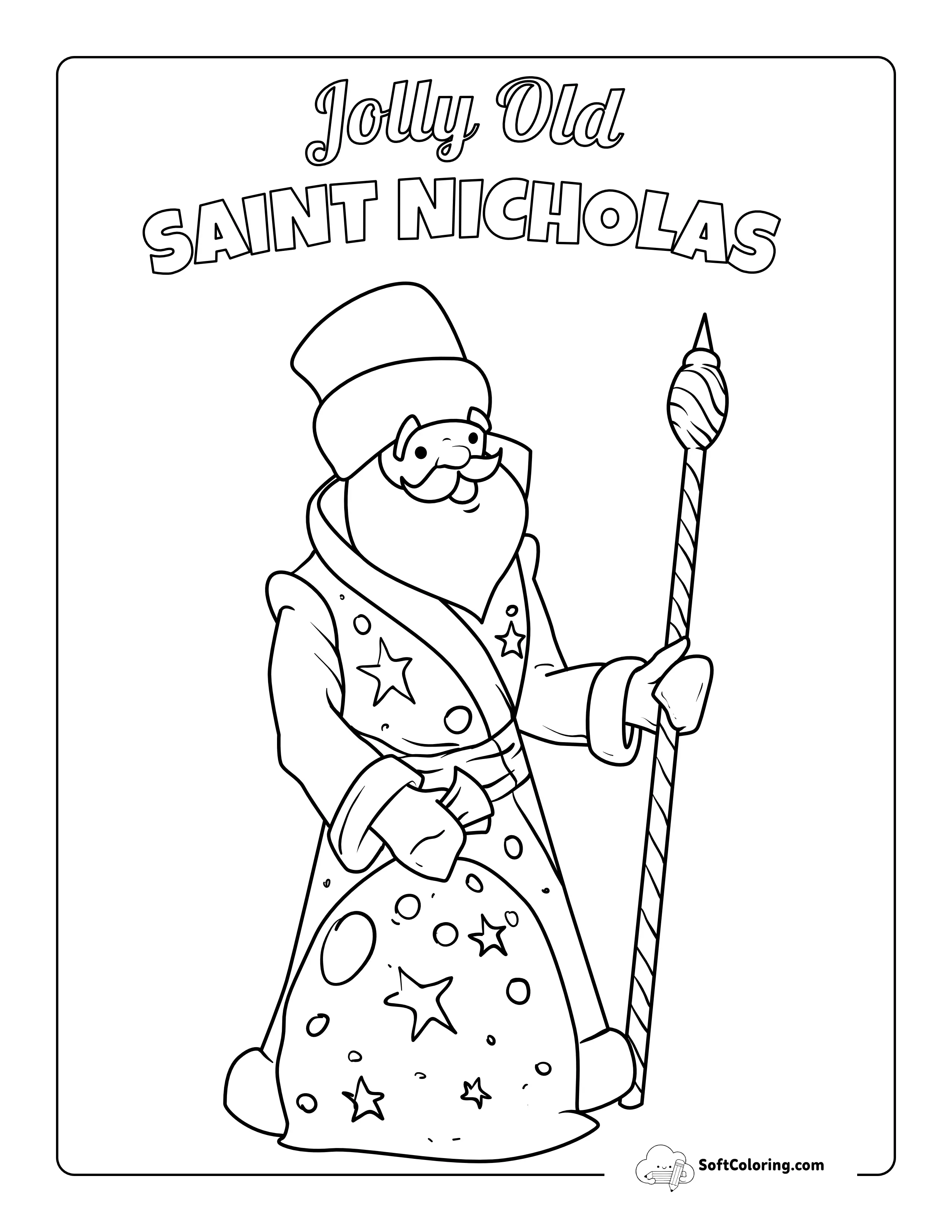 Saint Nicholas With Staff & Sack Of Gifts Picture To Color