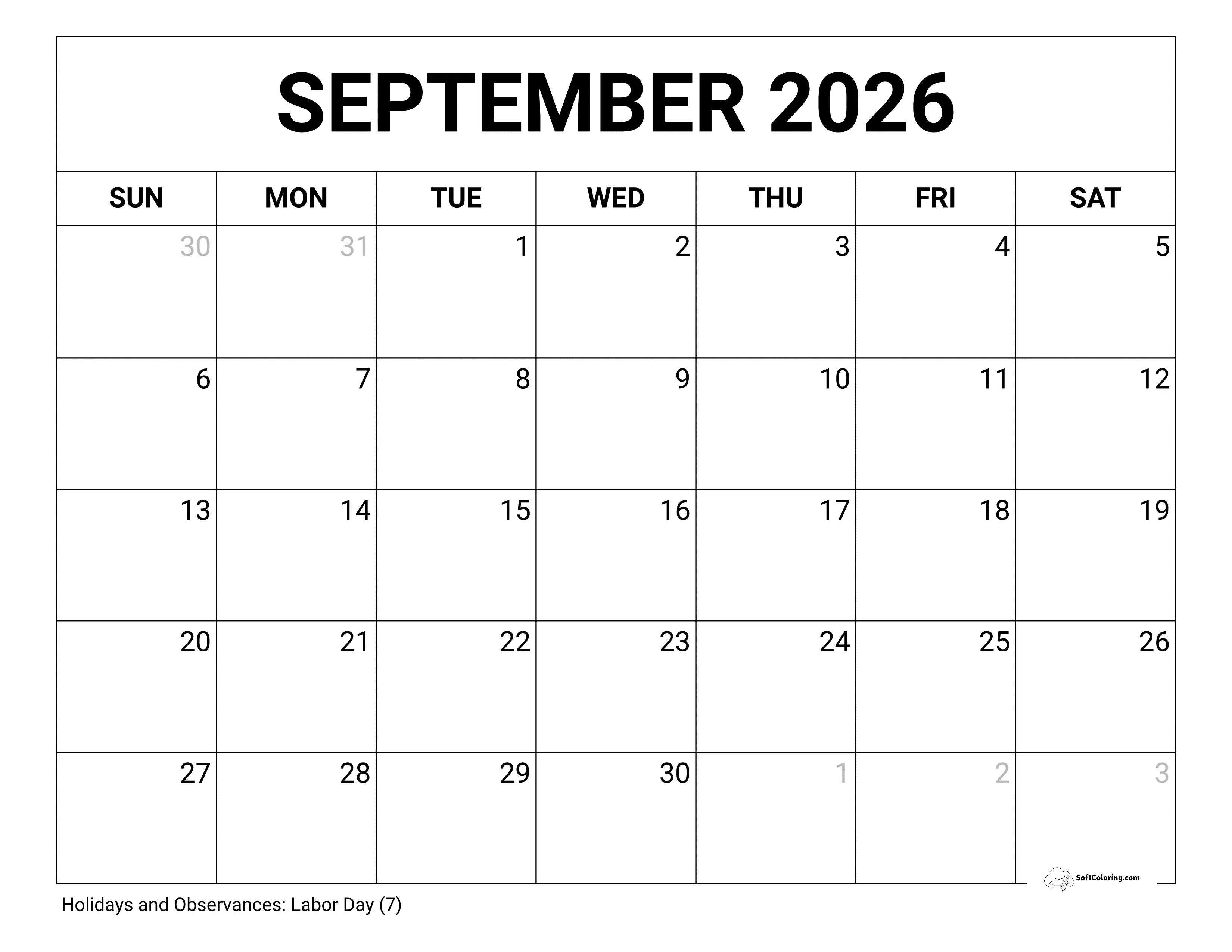 Blank September 2026 Calendar