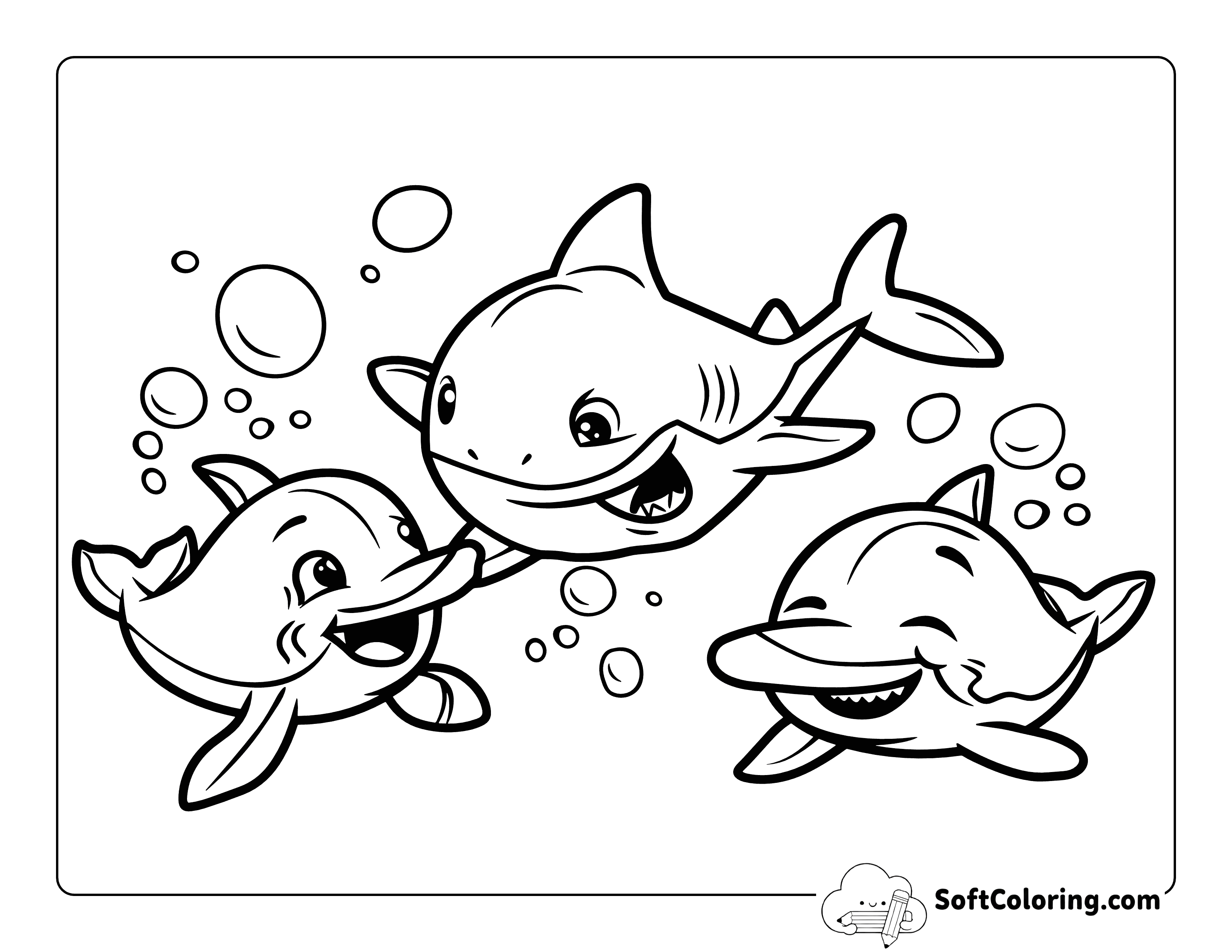 Cute Blue Shark with Dolphins Coloring Page for Kids