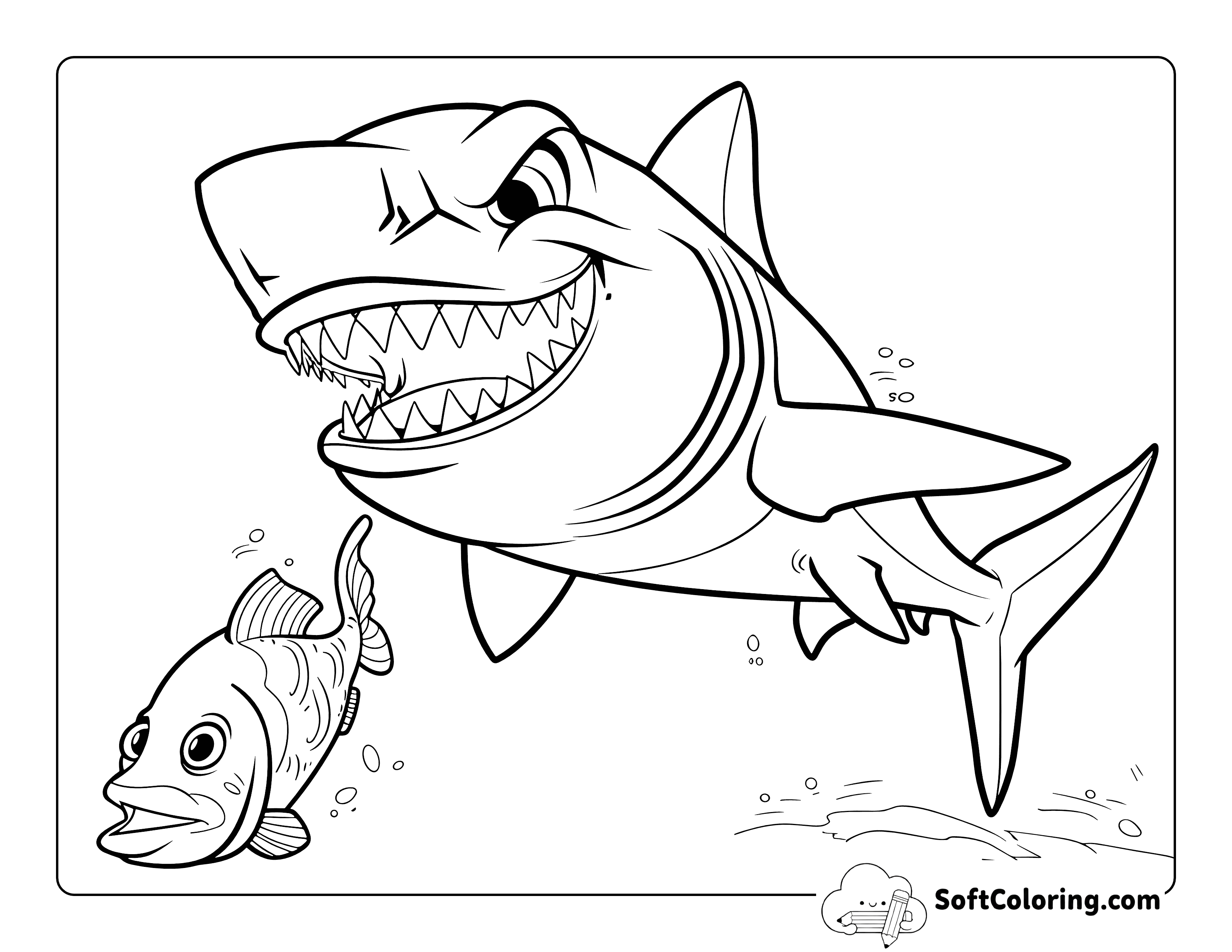 Cartoon Predatory Bull Shark Chase Coloring Page
