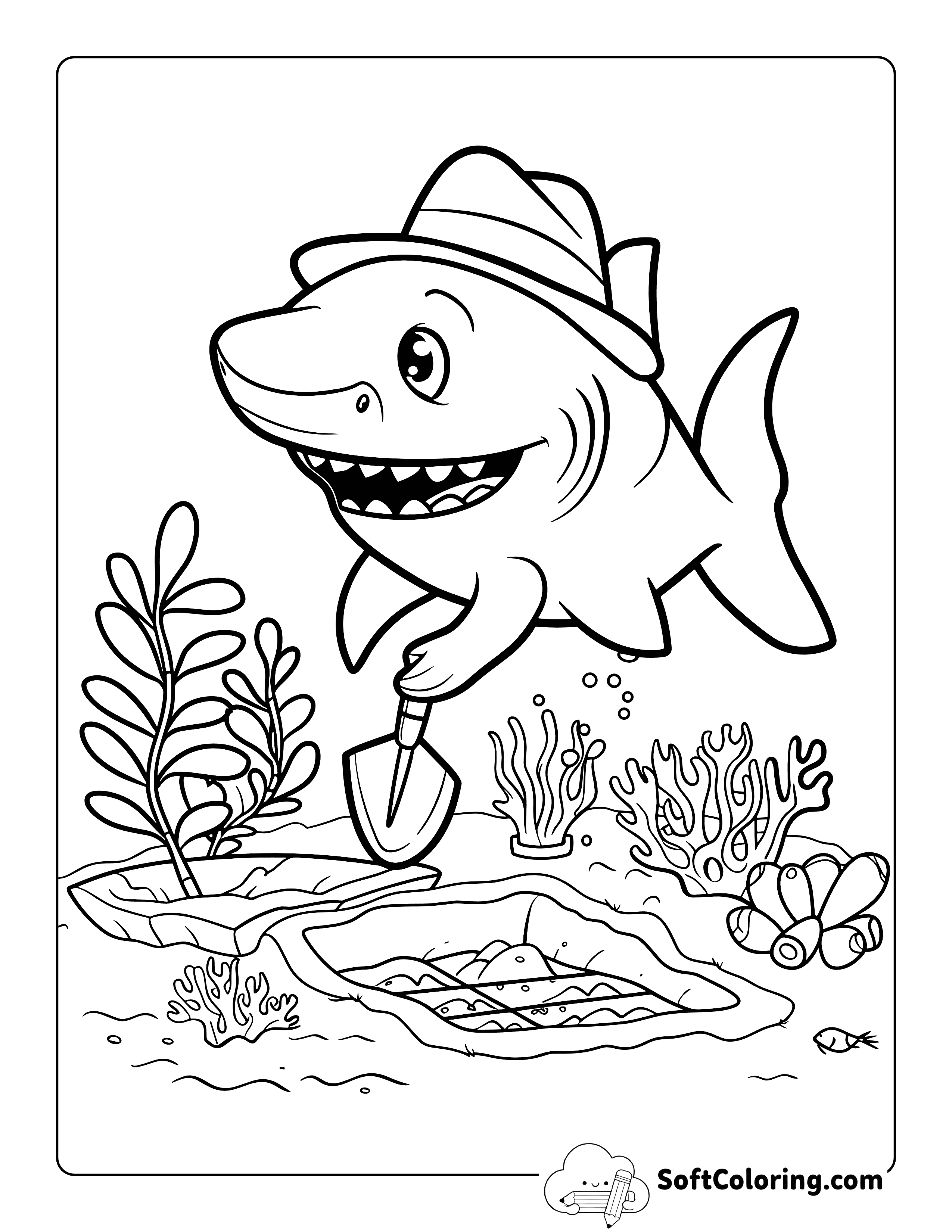 Cartoon Gardener Cute Shark Coloring Page Printable