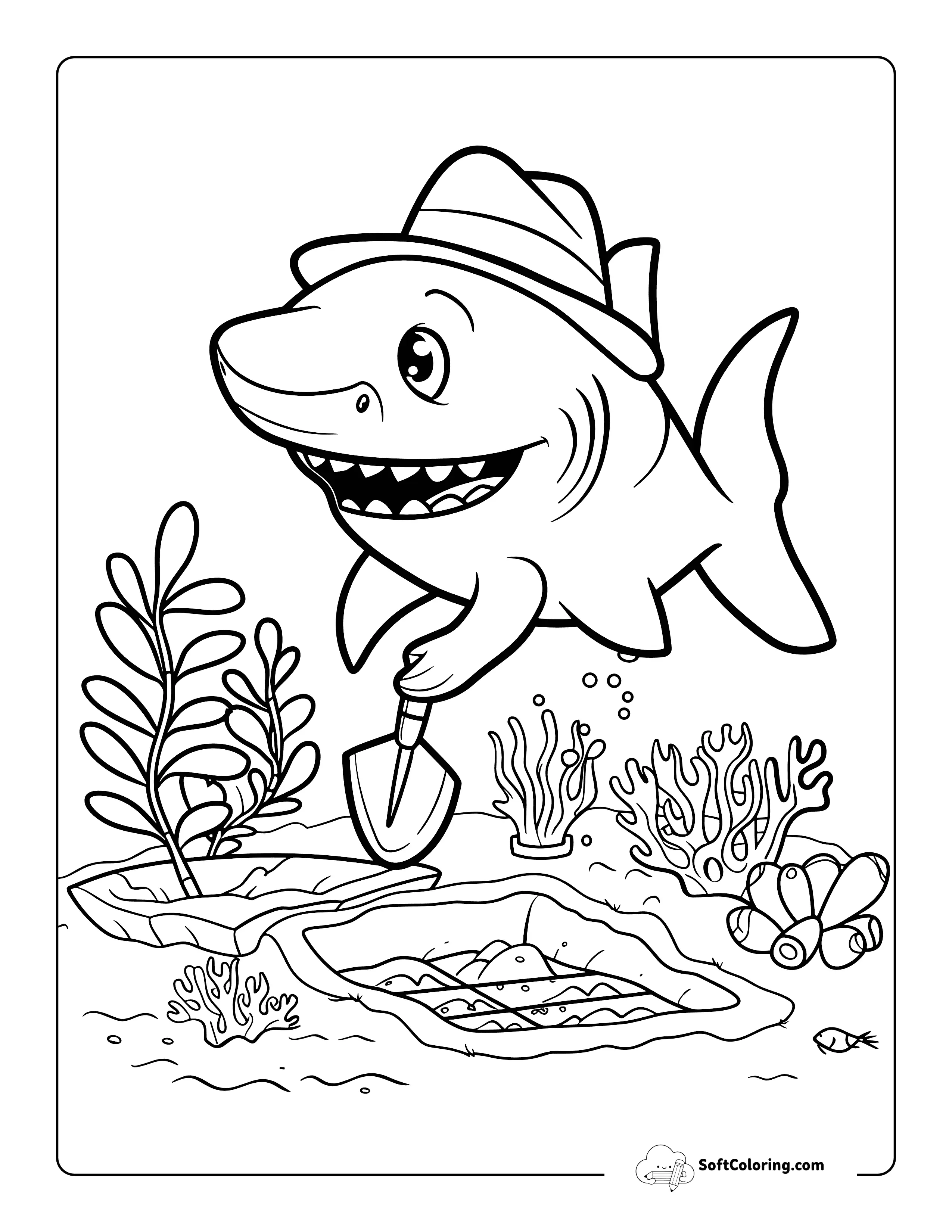 Cartoon Gardener Cute Shark Coloring Page Printable