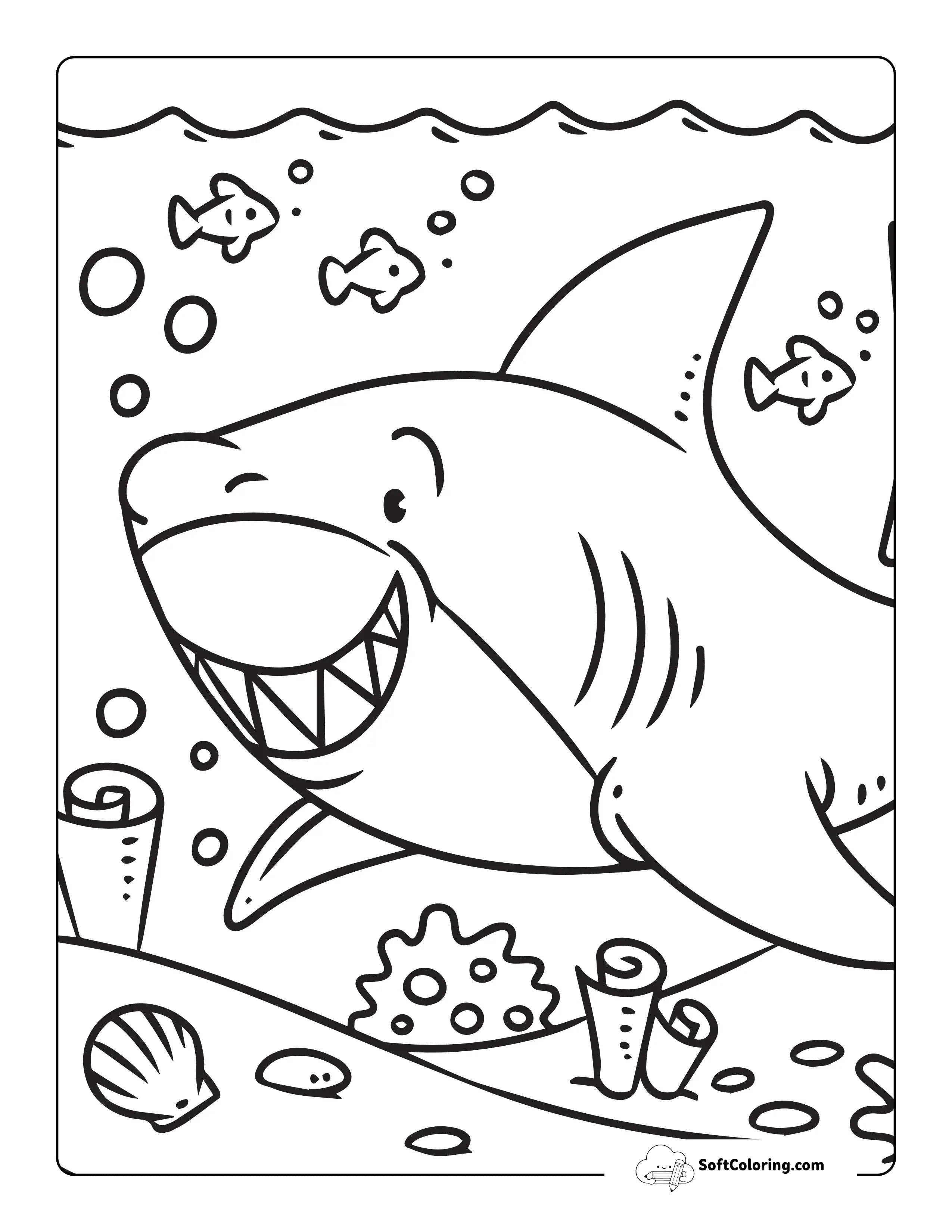 Cartoon Great White Shark And Ocean Scene For Kids