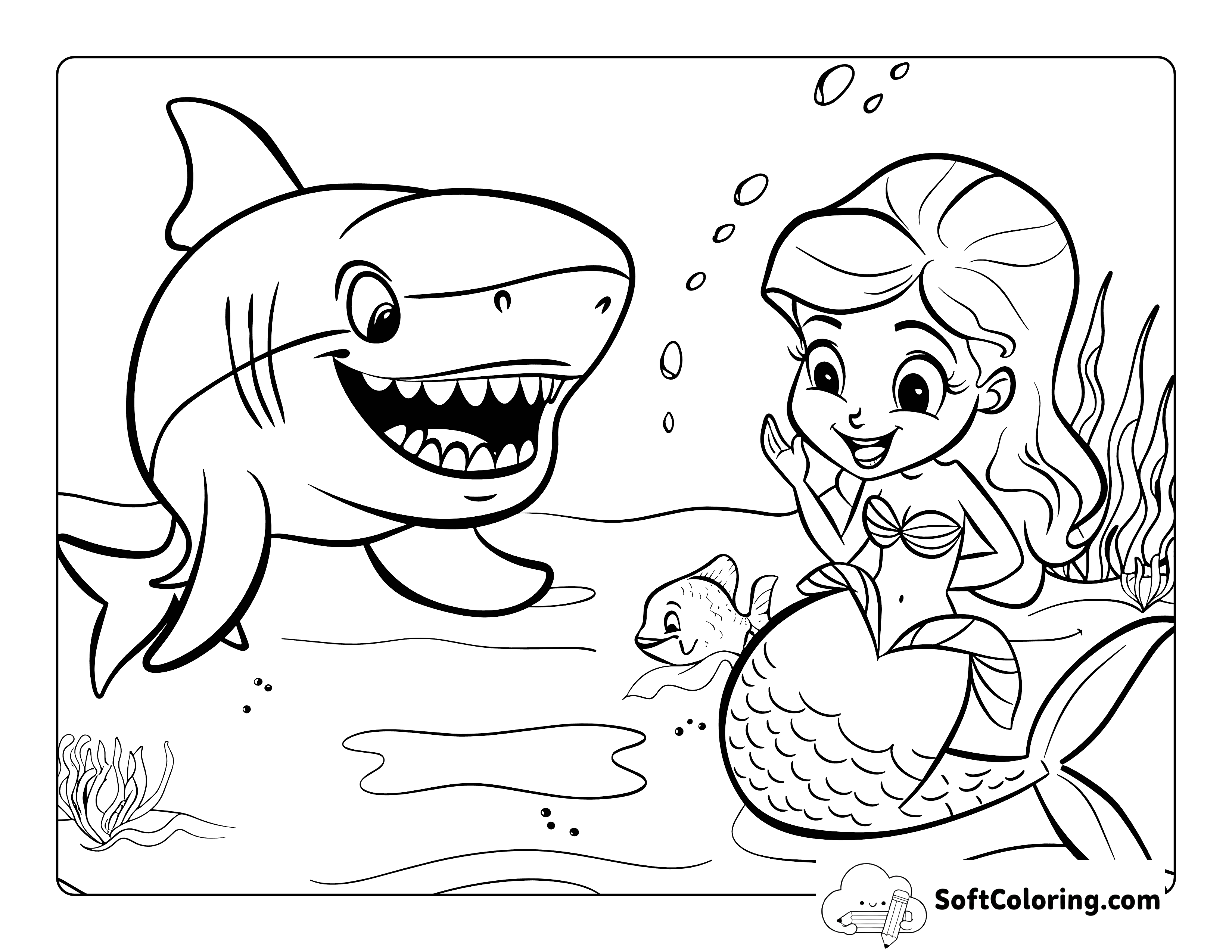 Cute Mermaid and Shark Friendship Coloring Sheet