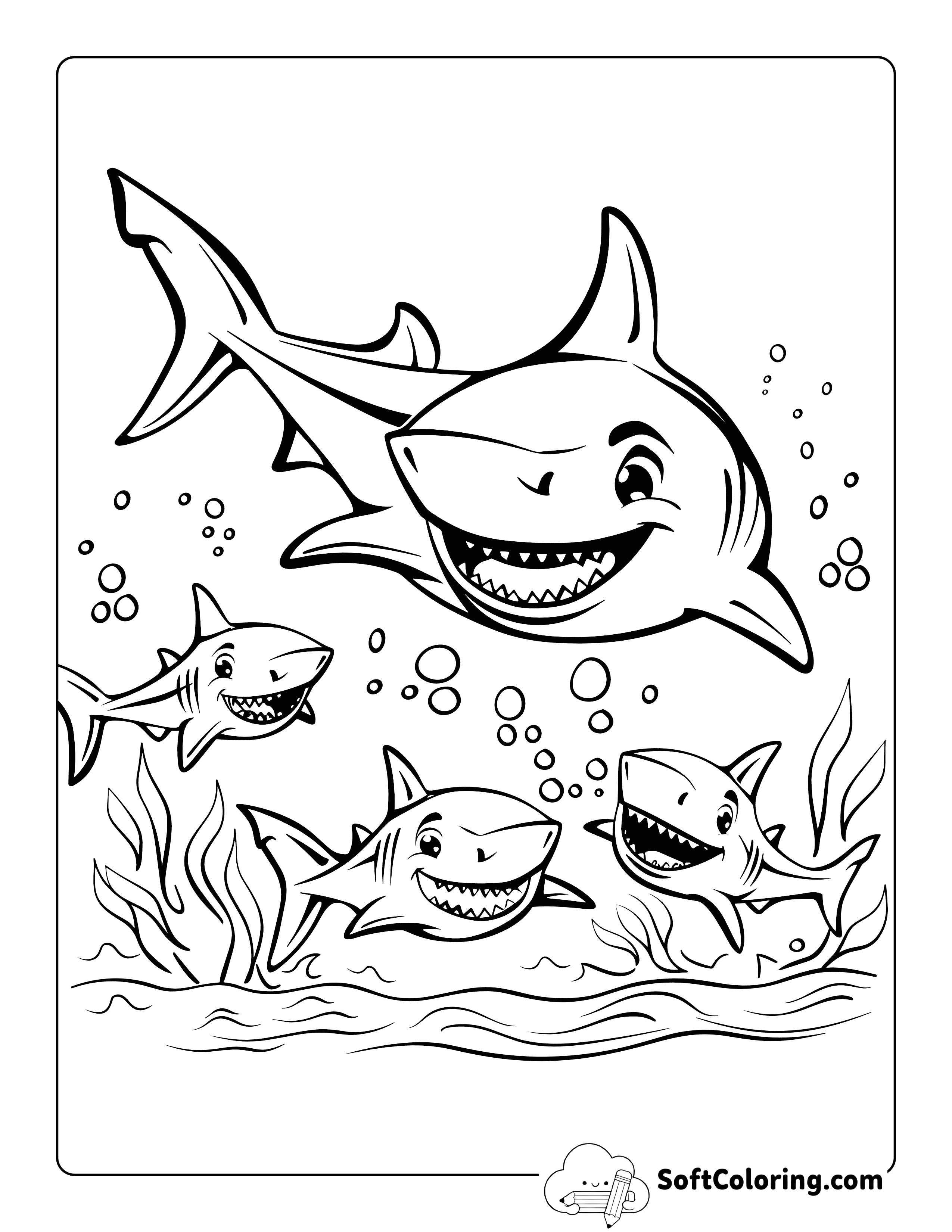 Cute Shark Family Coloring Page for Teens