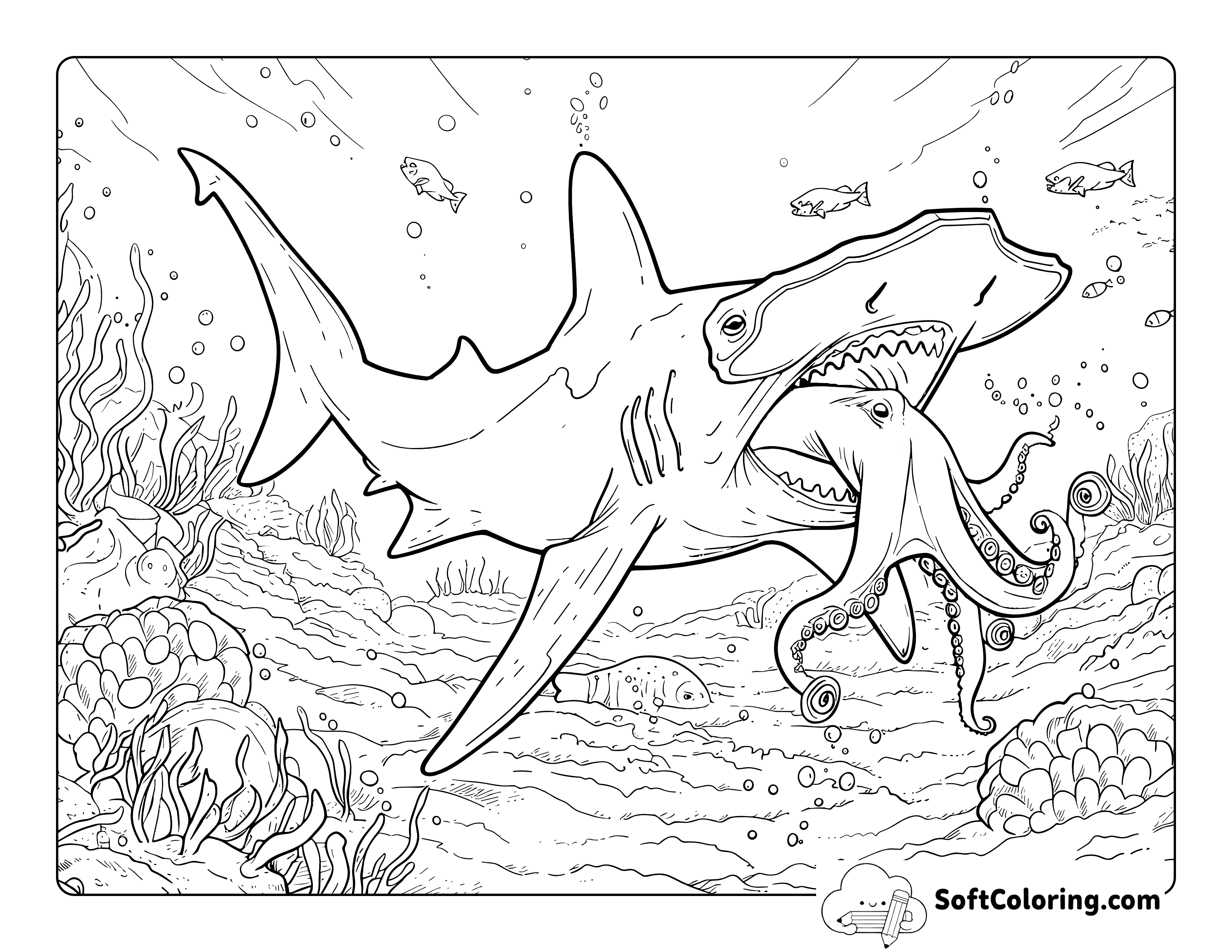 Realistic Hammerhead Shark Eating Octopus Ocean Scene