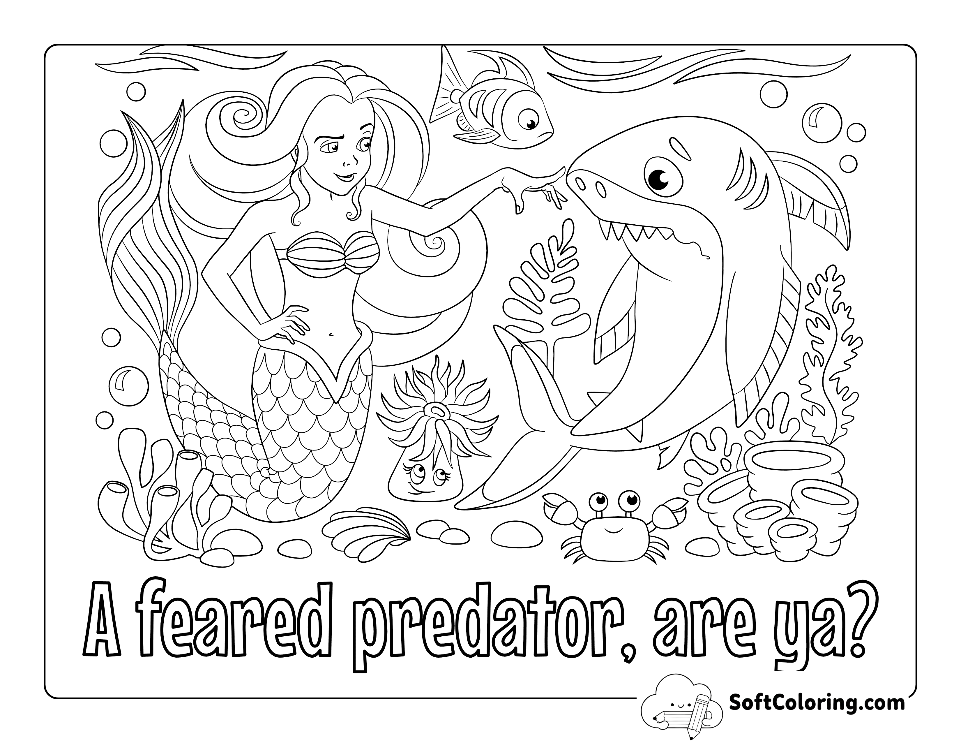 "A feared Predator?" Shark and Mermaid Coloring Page