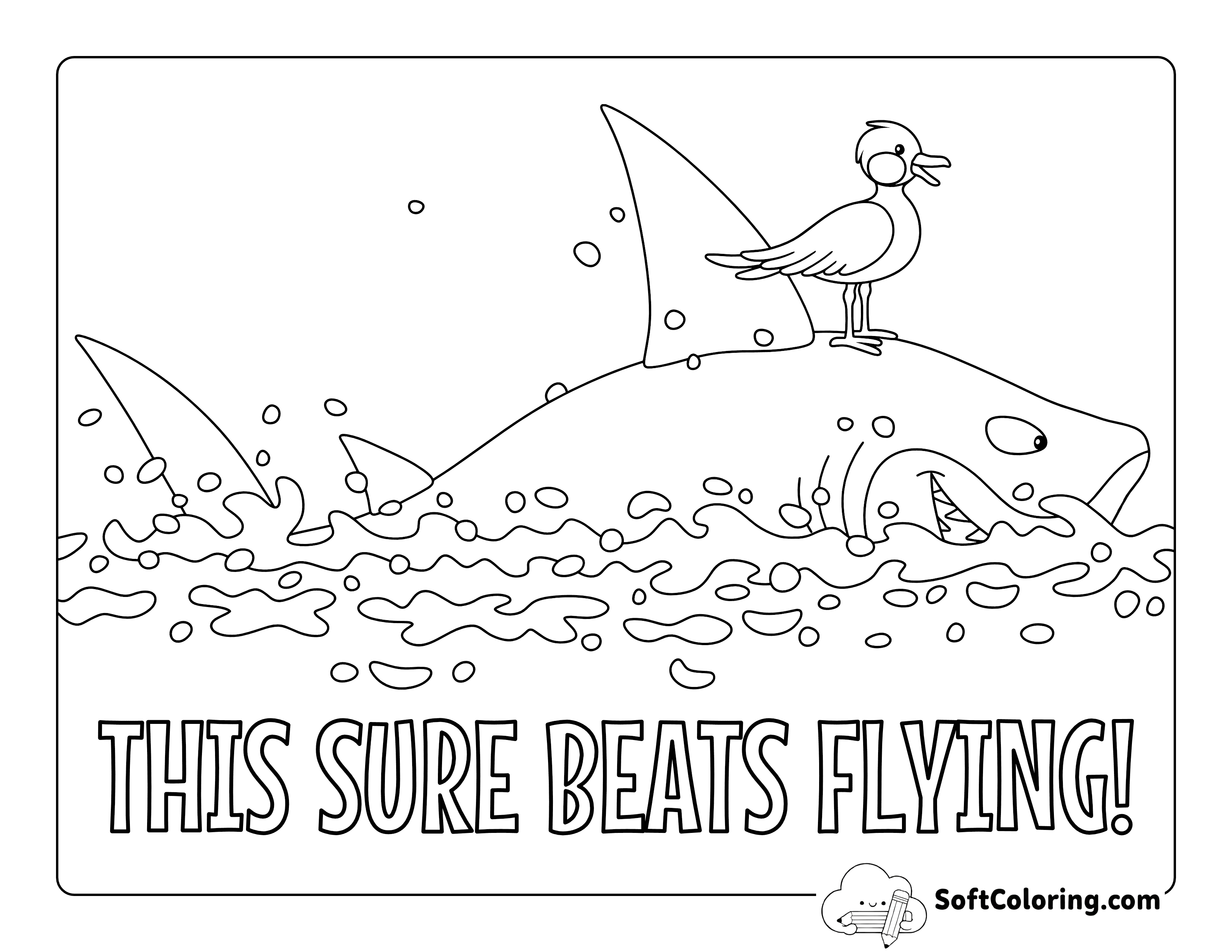"This Sure Beats Flying" Bird and Shark Coloring Page