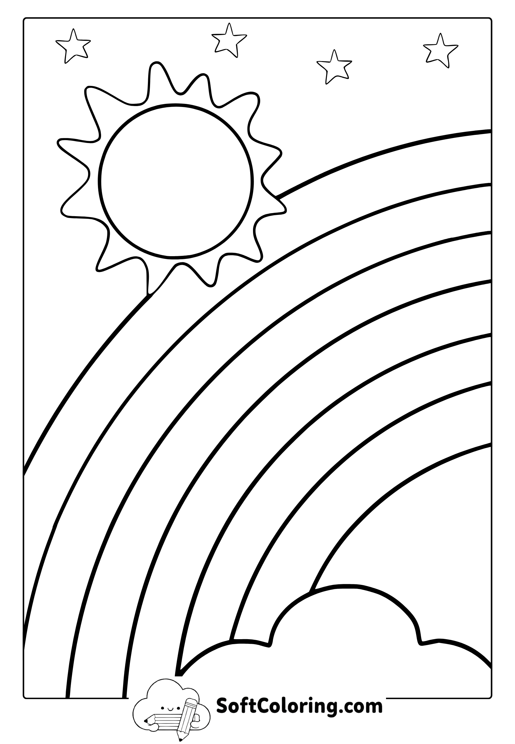 simple rainbow with sun and stars coloring page