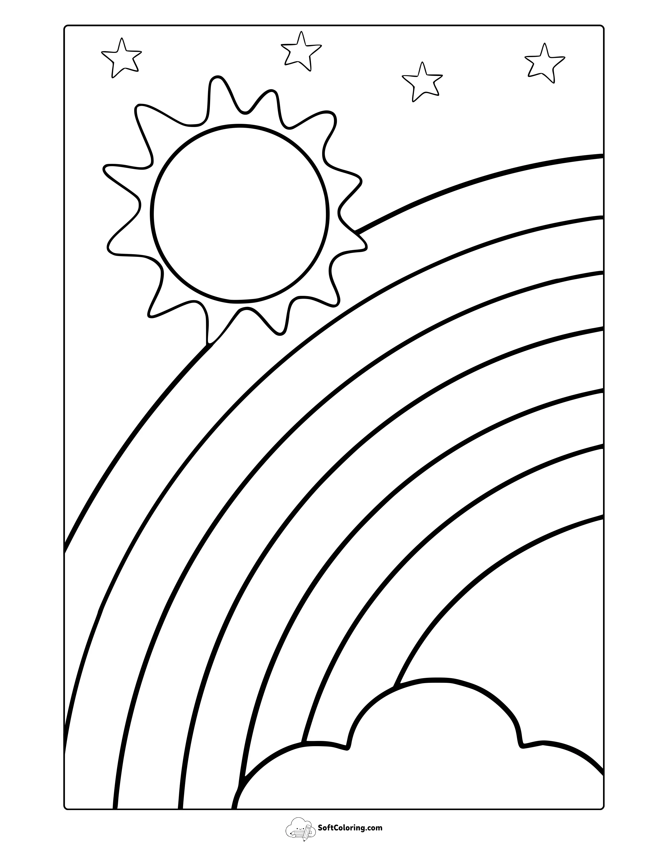 Simple Rainbow With Sun And Stars Coloring Page