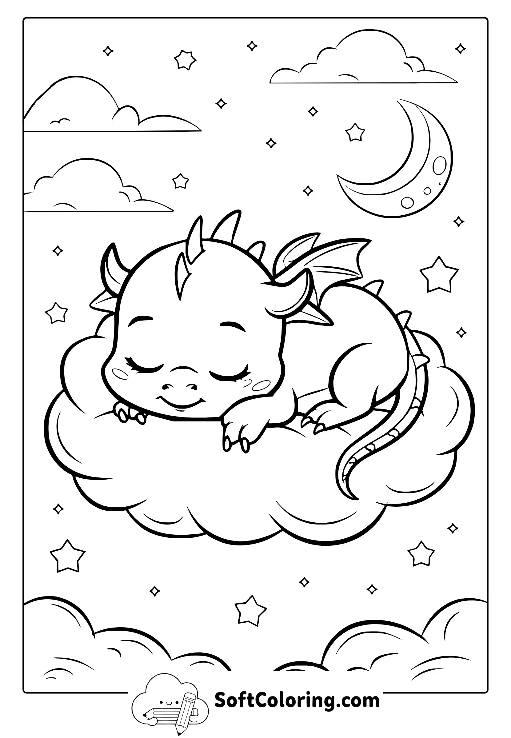 Sleeping Baby Dragon on a Cloud Coloring Page