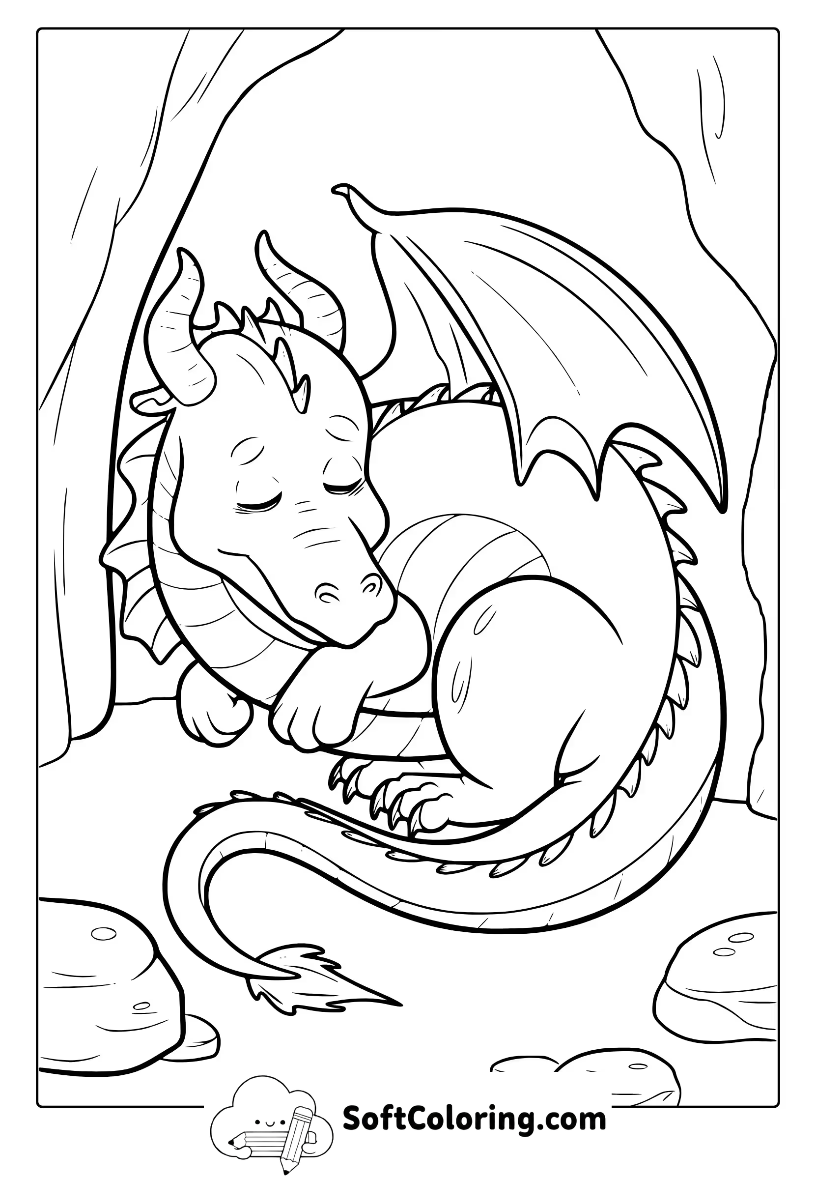 Sleeping Dragon in a Cave Coloring Page