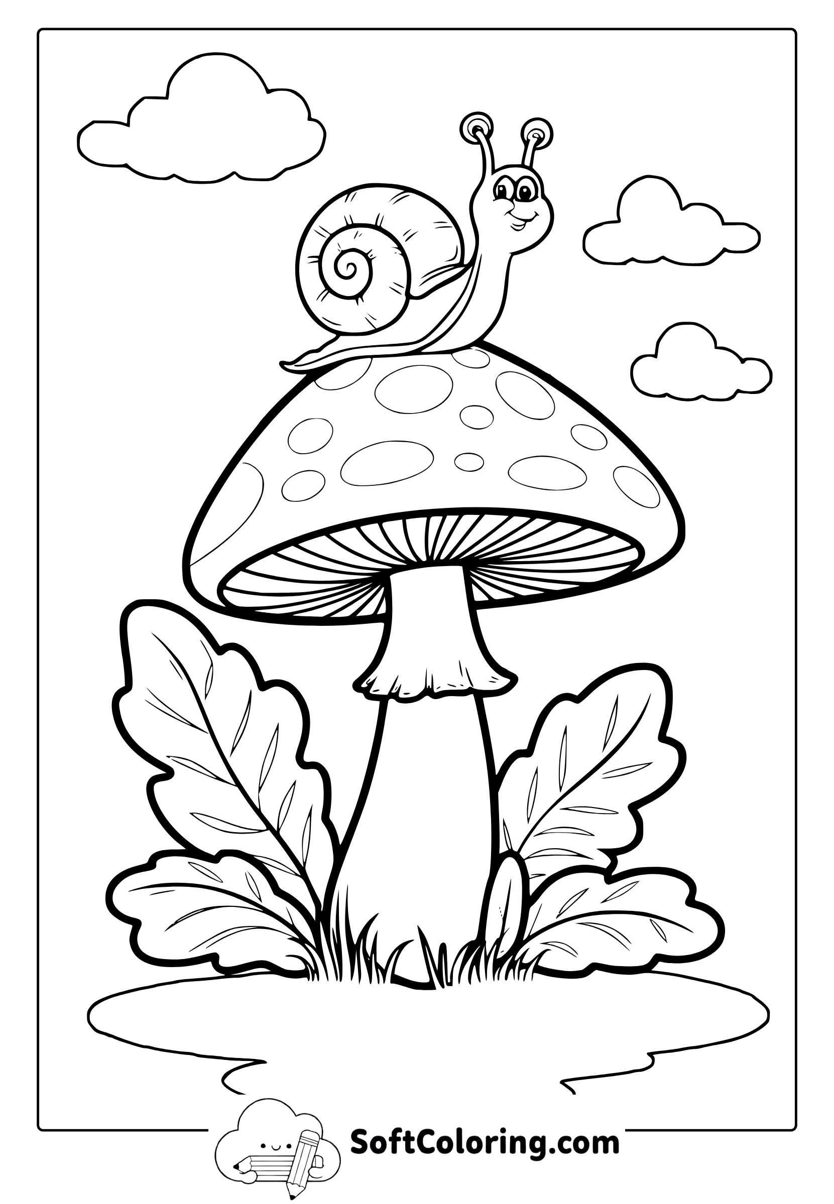 snail and mushroom coloring page