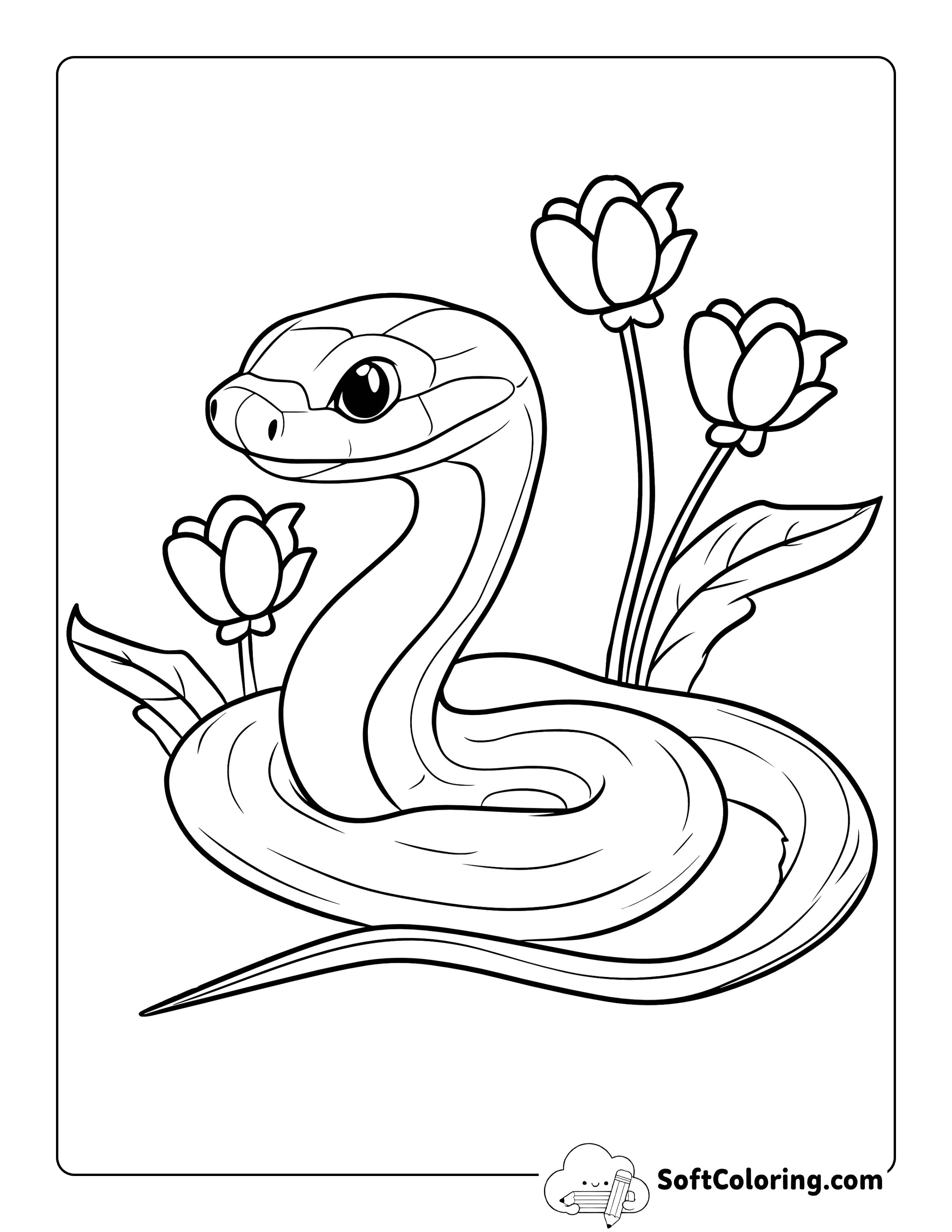 Cute Garden Snake with Tulips Coloring Page