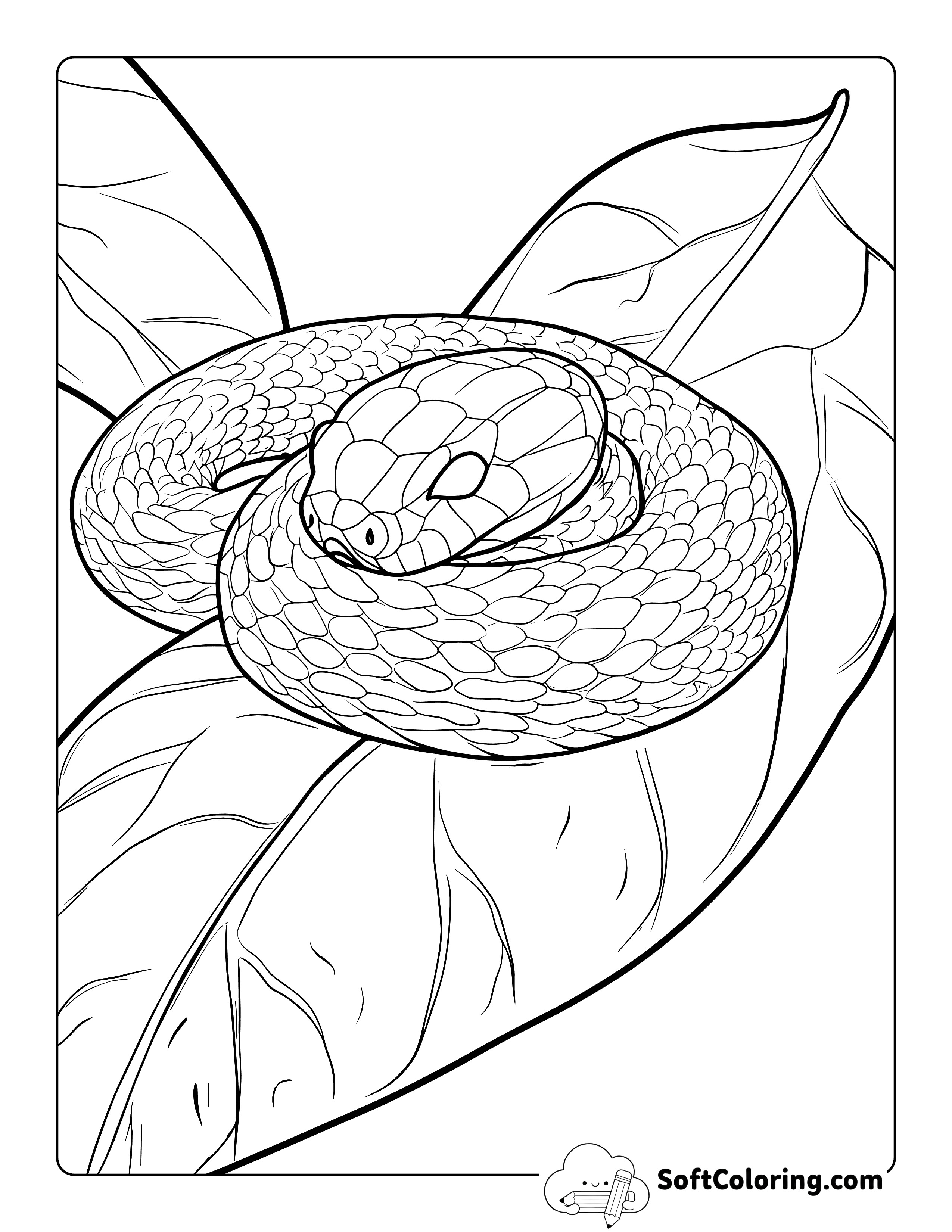 Detailed Snake on Leaf Coloring Page for Teens and Adults