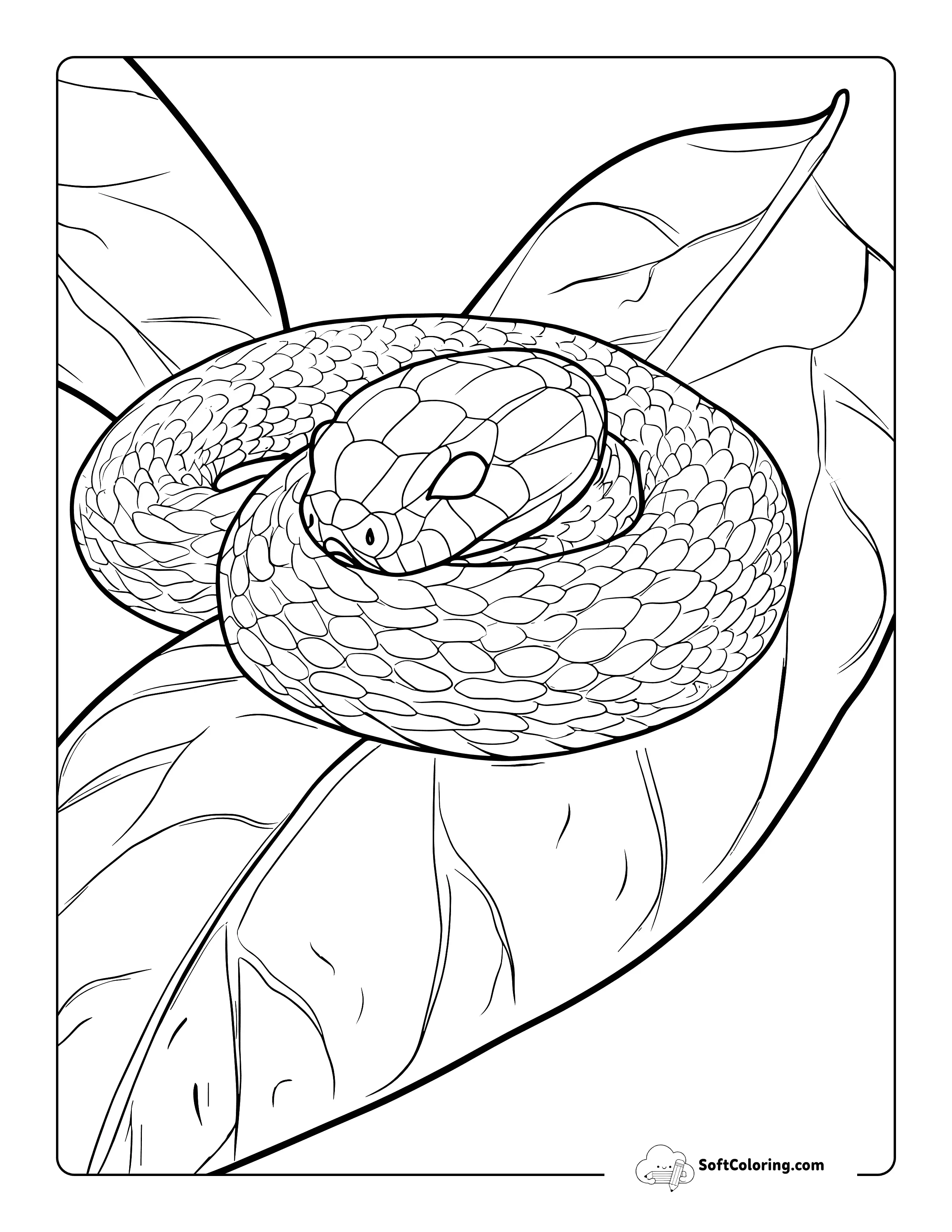 Detailed Snake On Leaf Coloring Page For Teens And Adults
