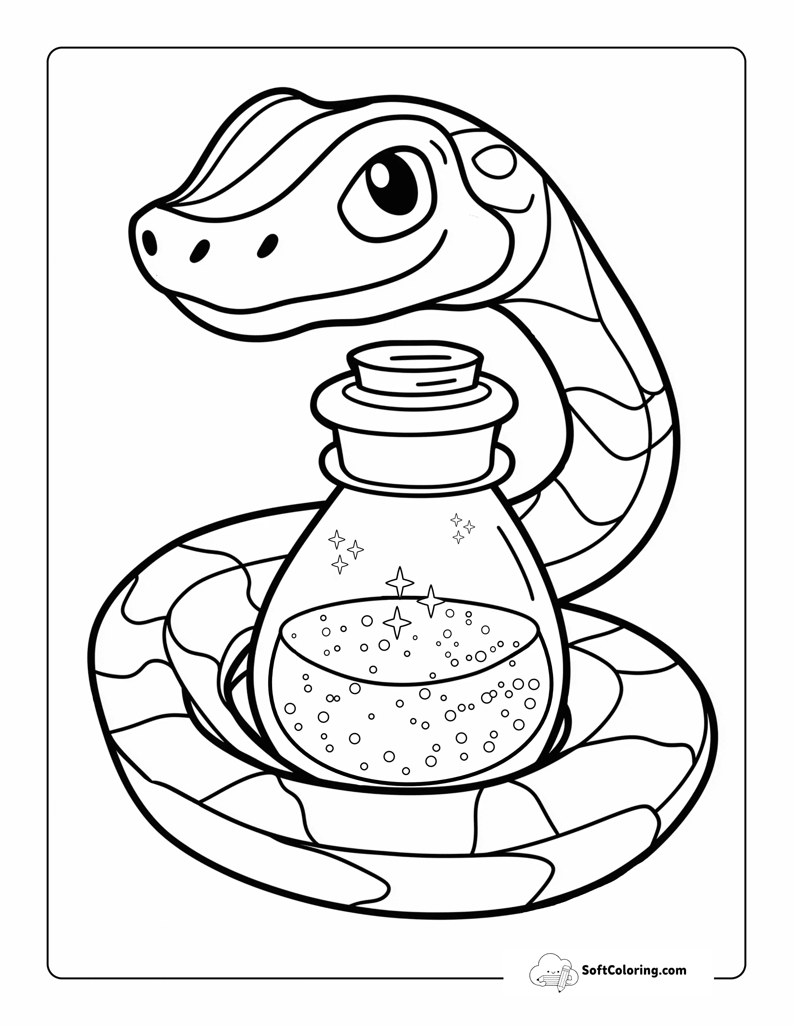 Magical Potion And Cartoon Snake Coloring Sheet For Kids