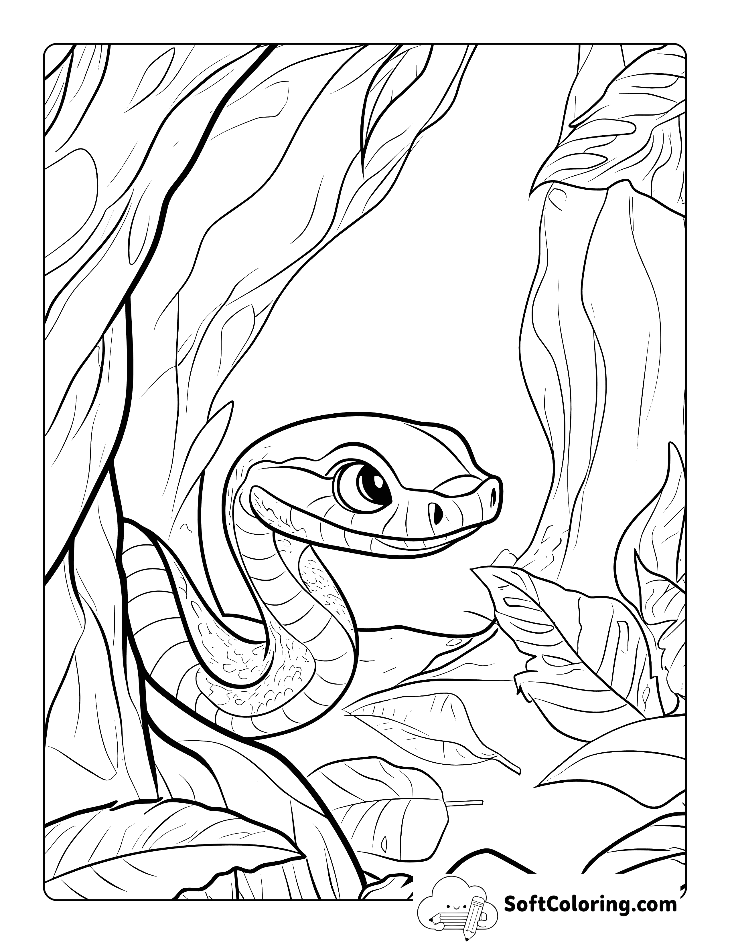 Cute Cave Exploring Cartoon Snake Coloring Sheet