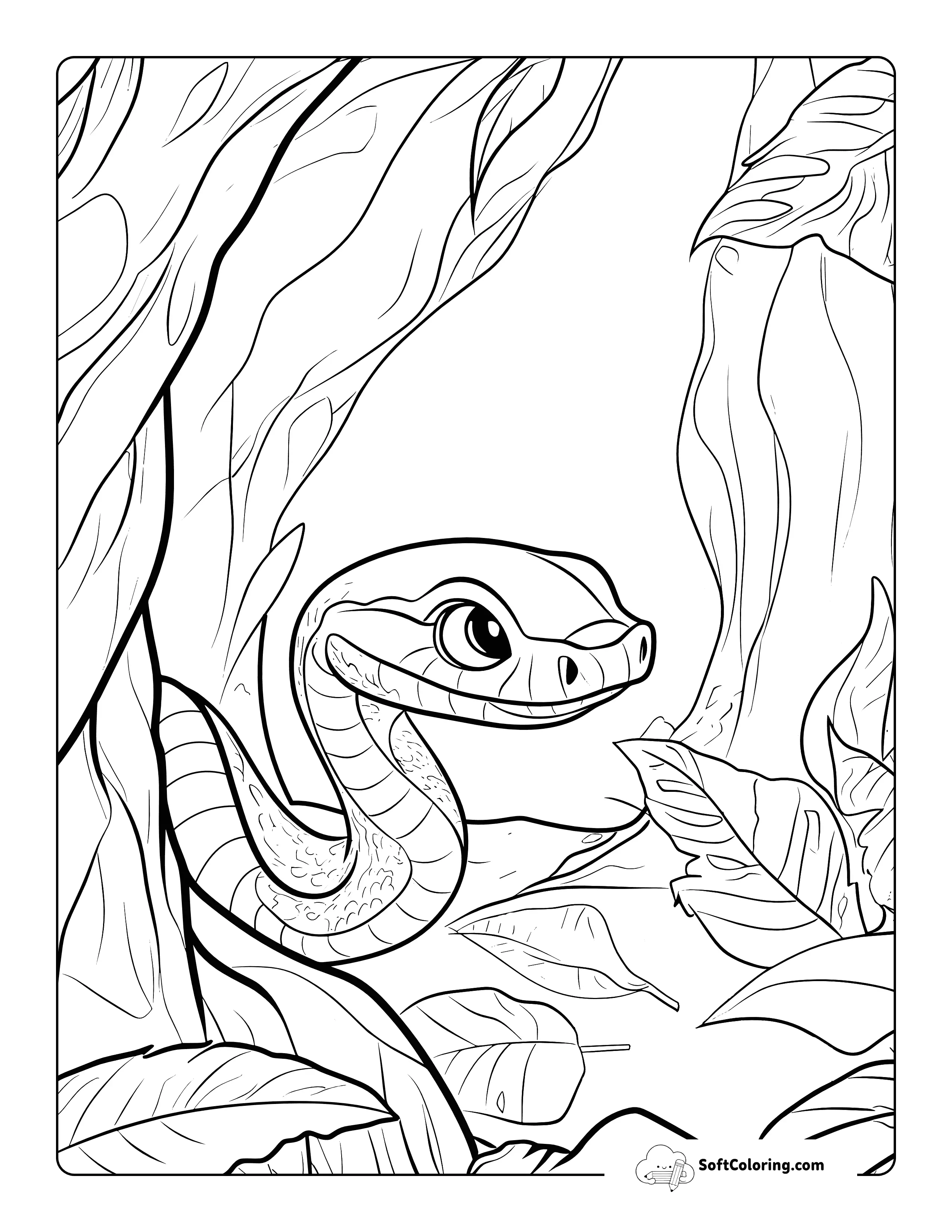 Cute Cave Exploring Cartoon Snake Coloring Sheet