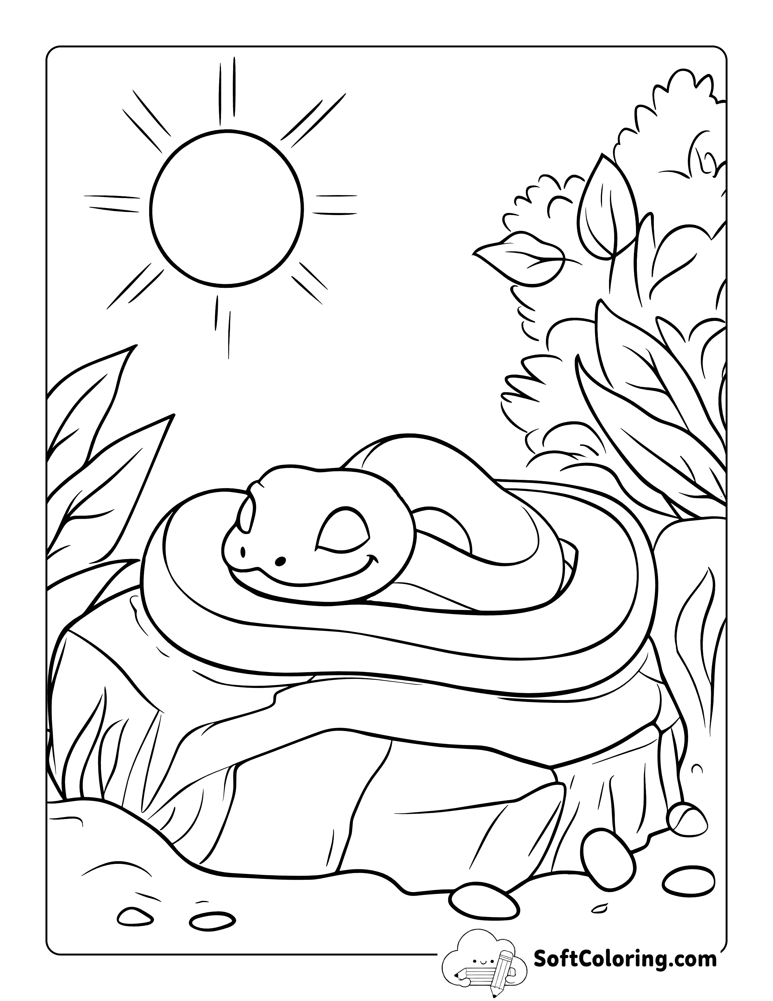 Easy Snake Basking on Rock Coloring Page for Kids