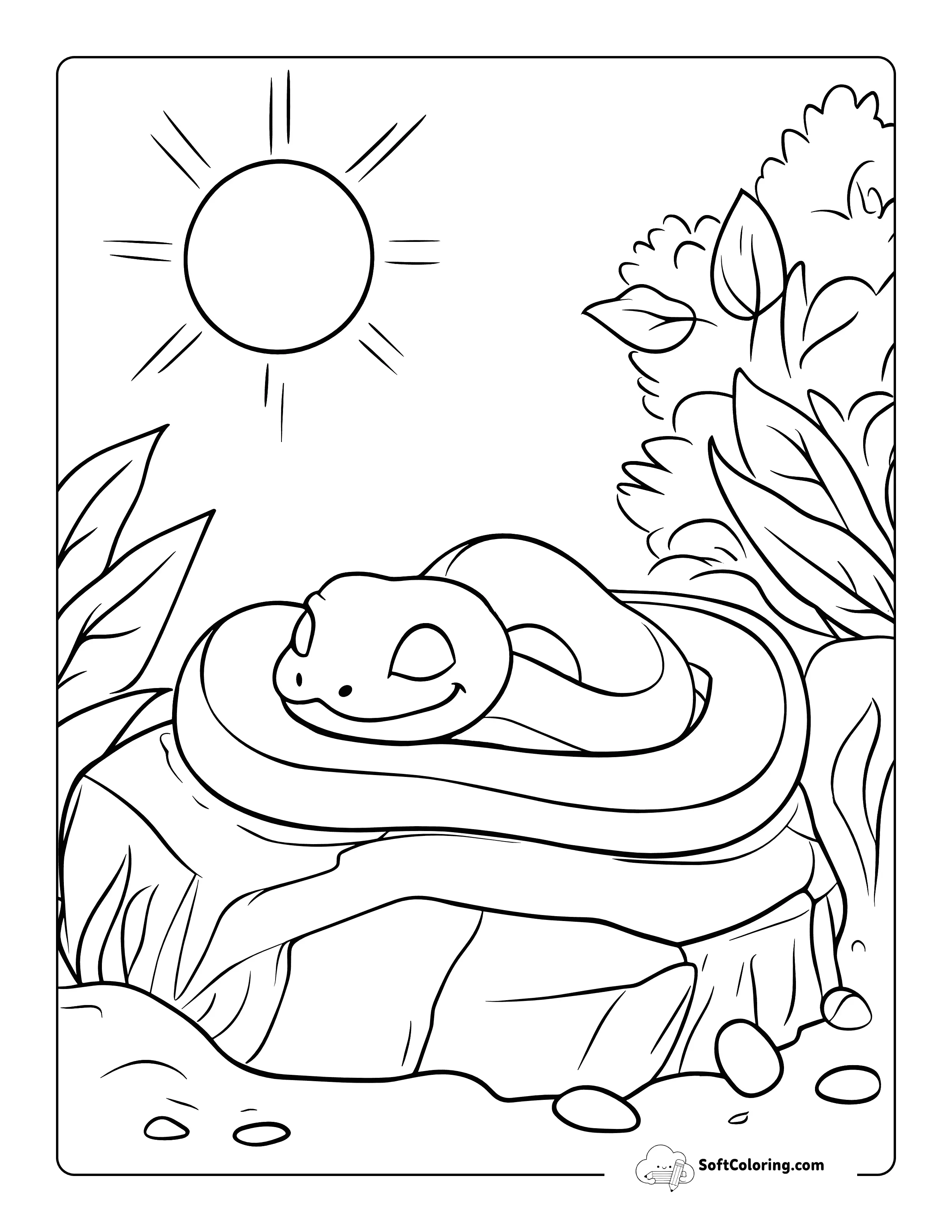 Easy Snake Basking On Rock Coloring Page For Kids