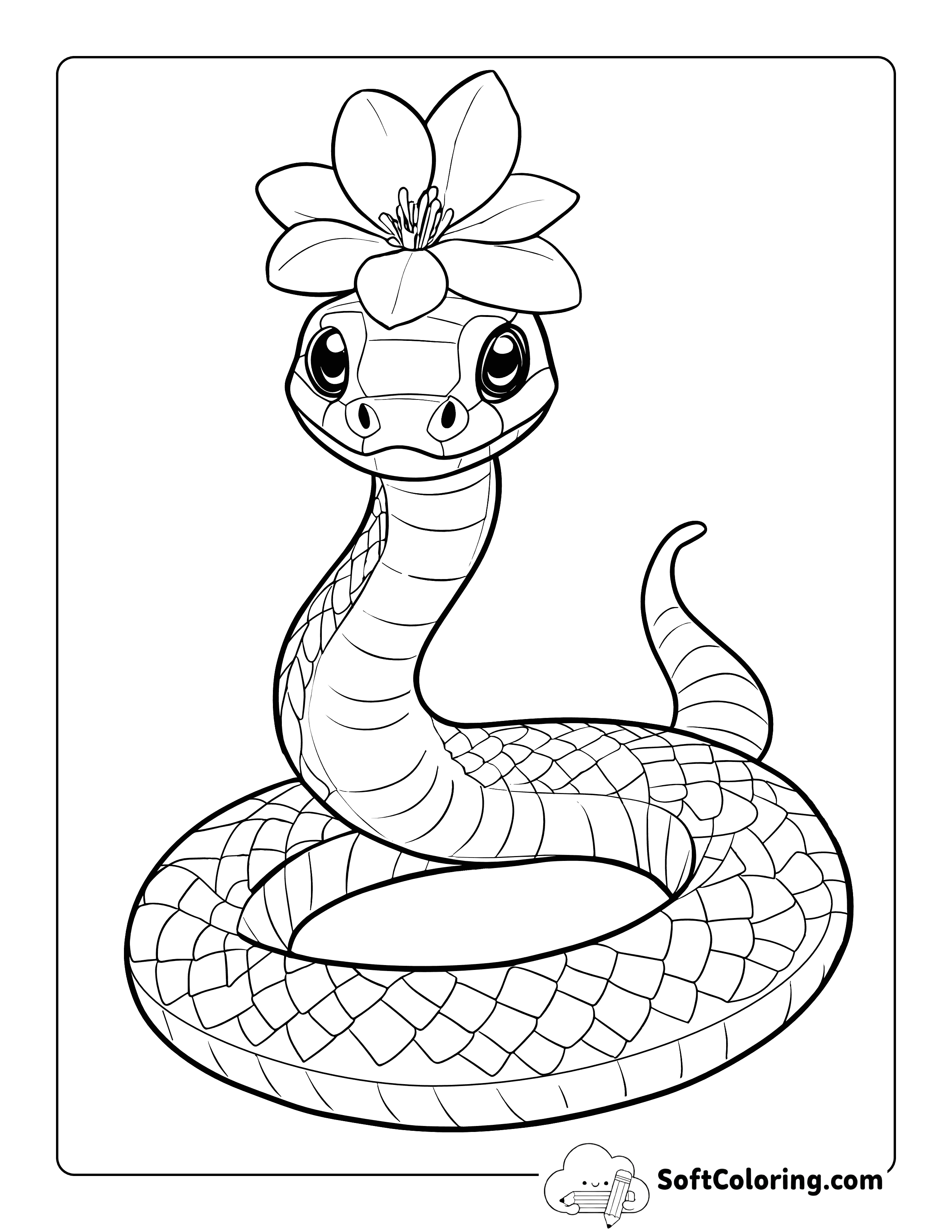 Cute Cartoon Snake with Flower Hat Coloring Sheet