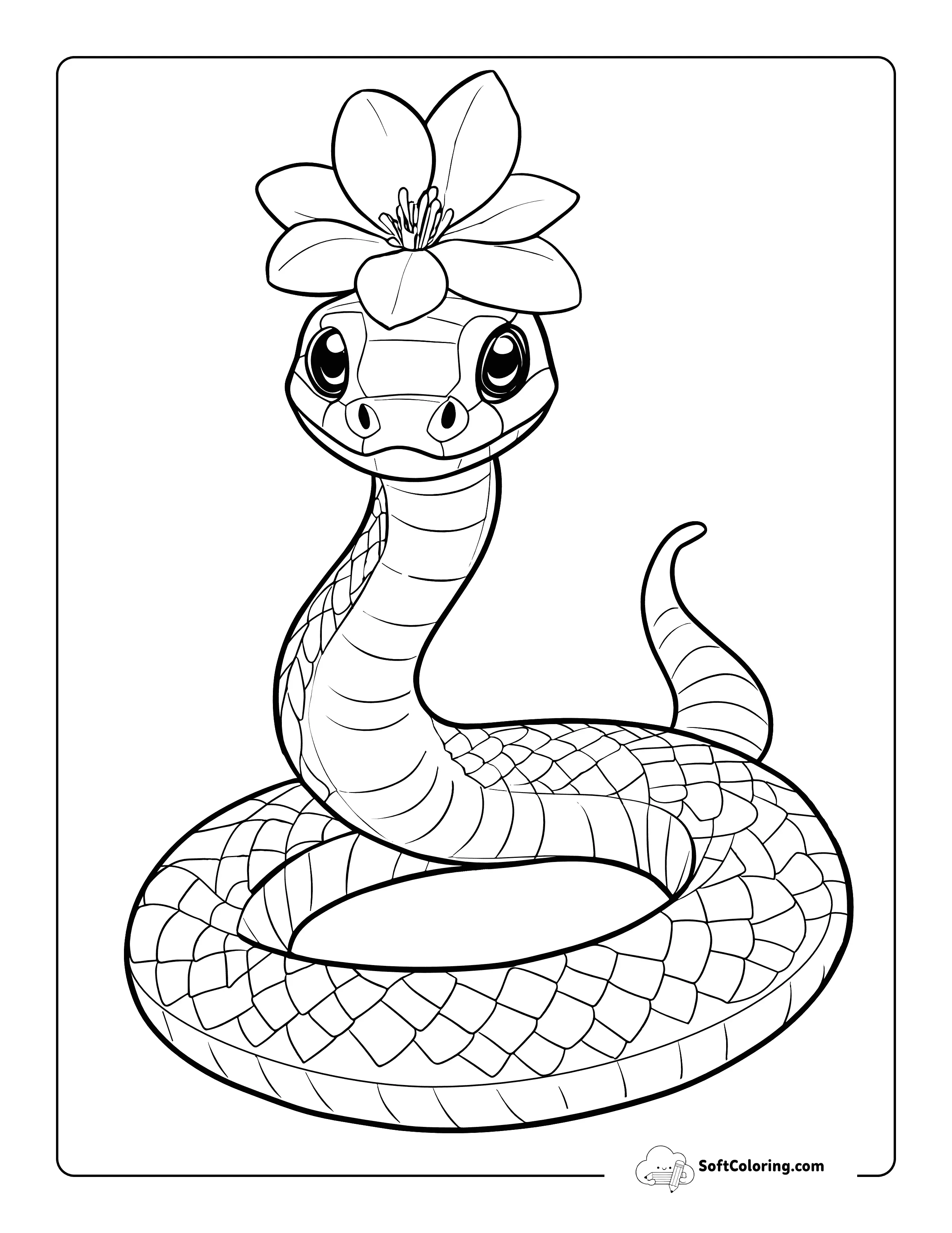 Cute Cartoon Snake With Flower Hat Coloring Sheet