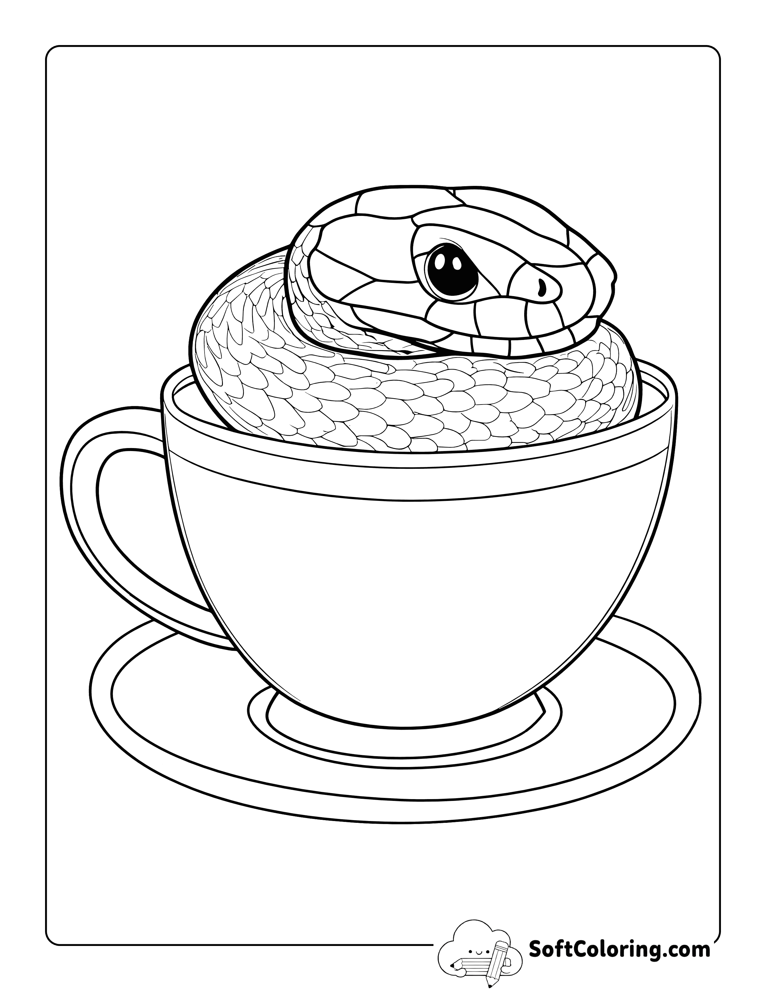Cute Snake in a Teacup Coloring Page