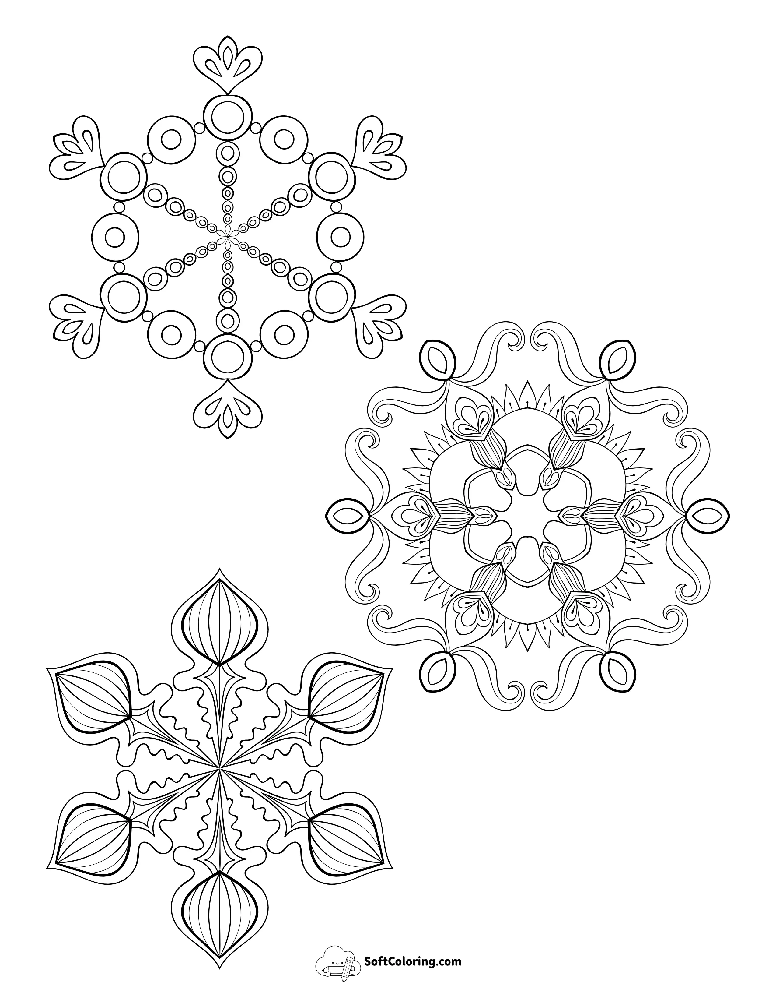 3 Medium Detailed Snowflakes Outlines To Color