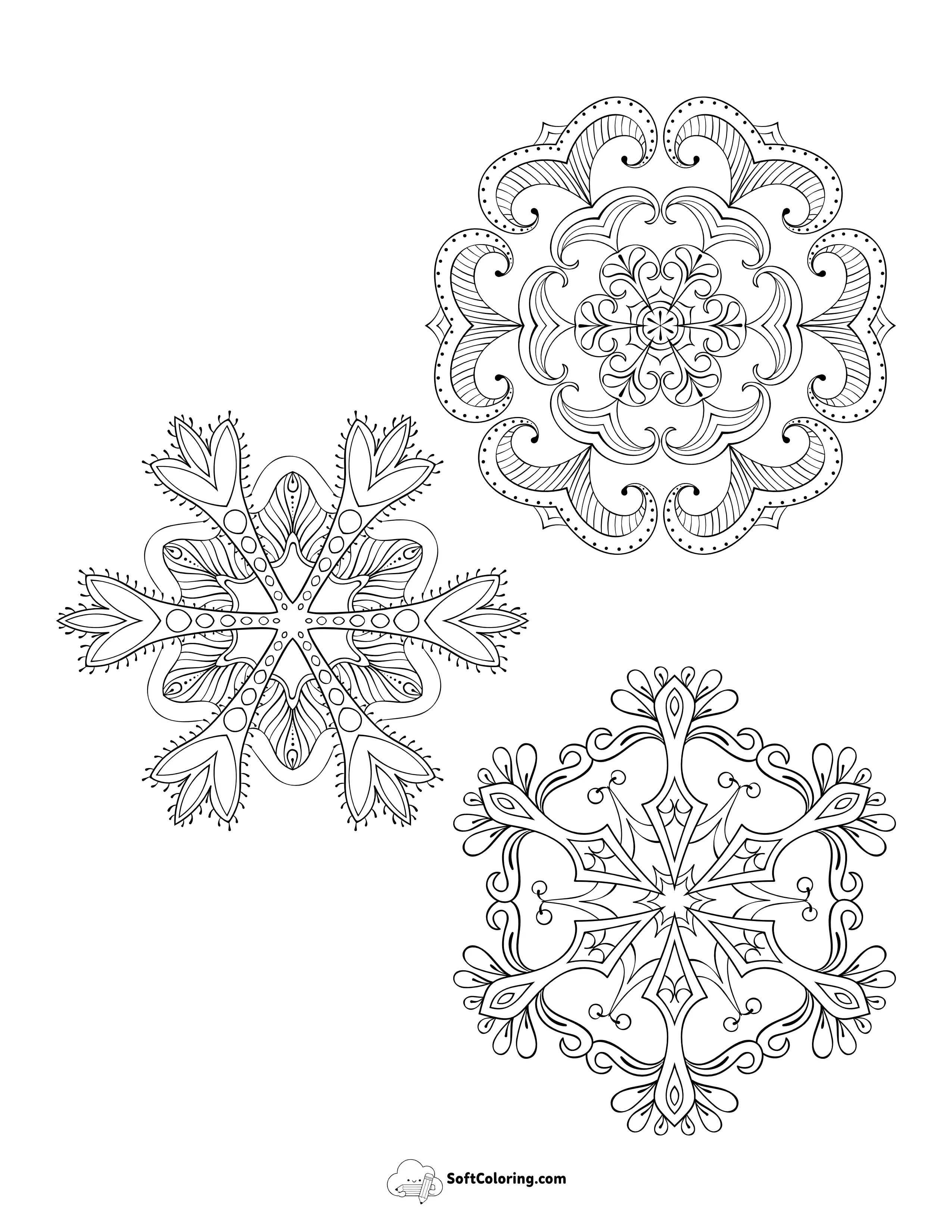 3 Medium Snowflakes Coloring Page