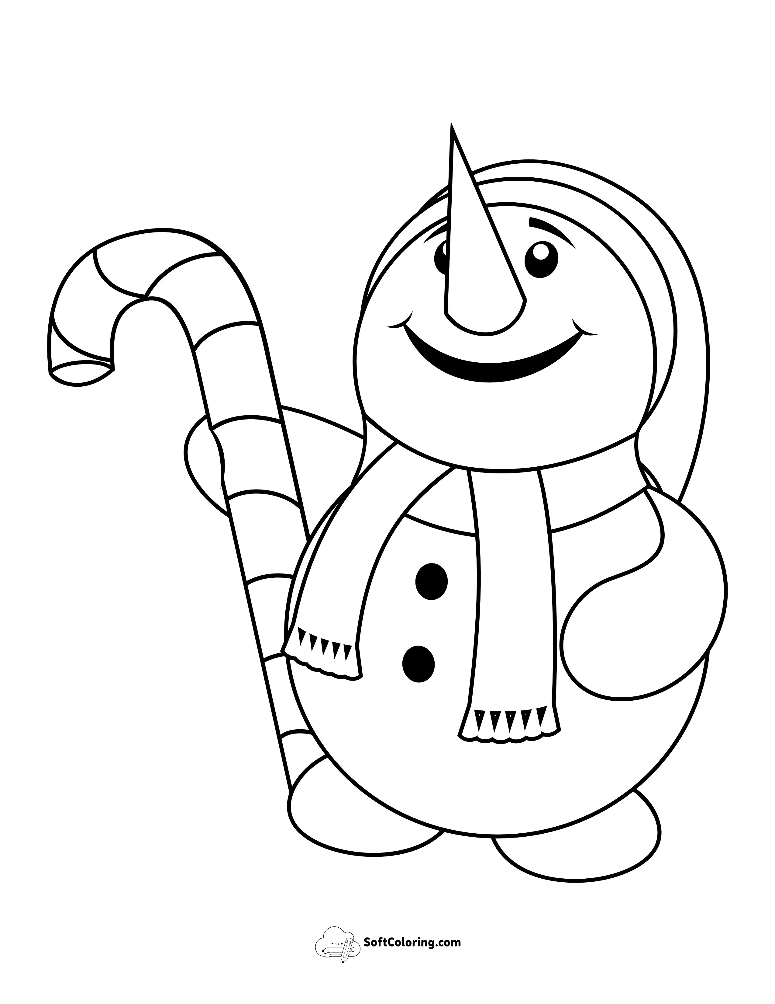Cute Snowman With Candy Cane For Preschoolers To Color