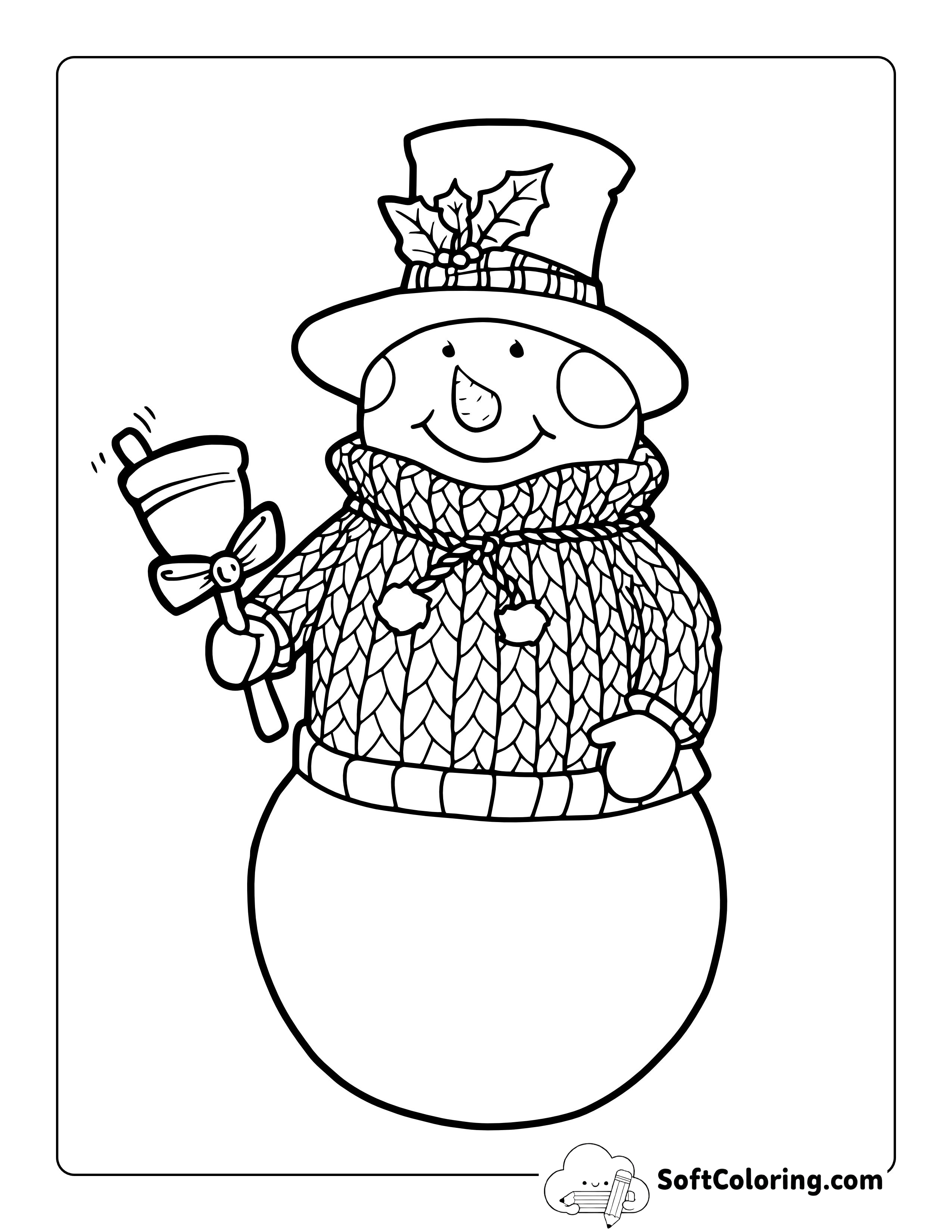 Snowman in Knitted Sweater Ringing a Bell