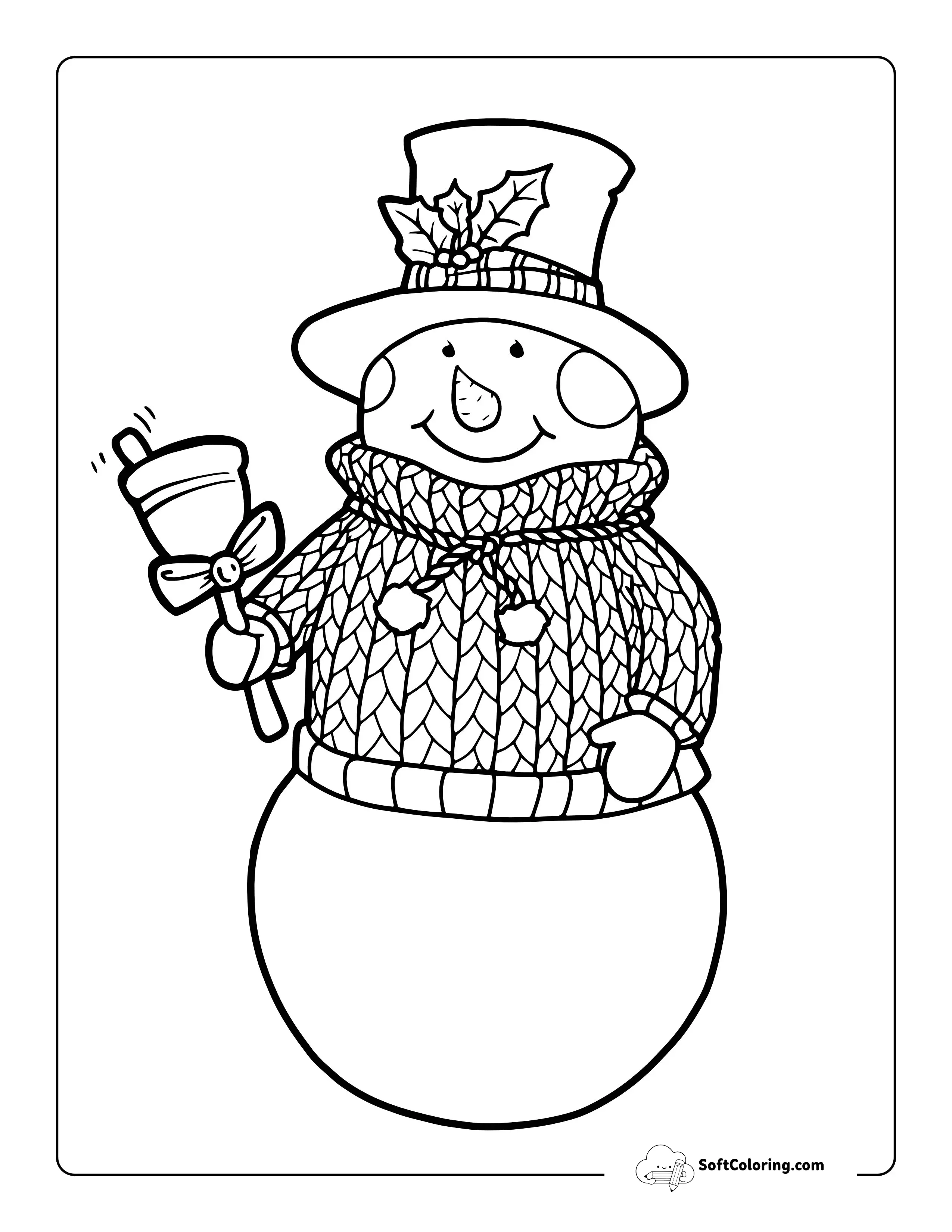Snowman In Knitted Sweater Ringing A Bell