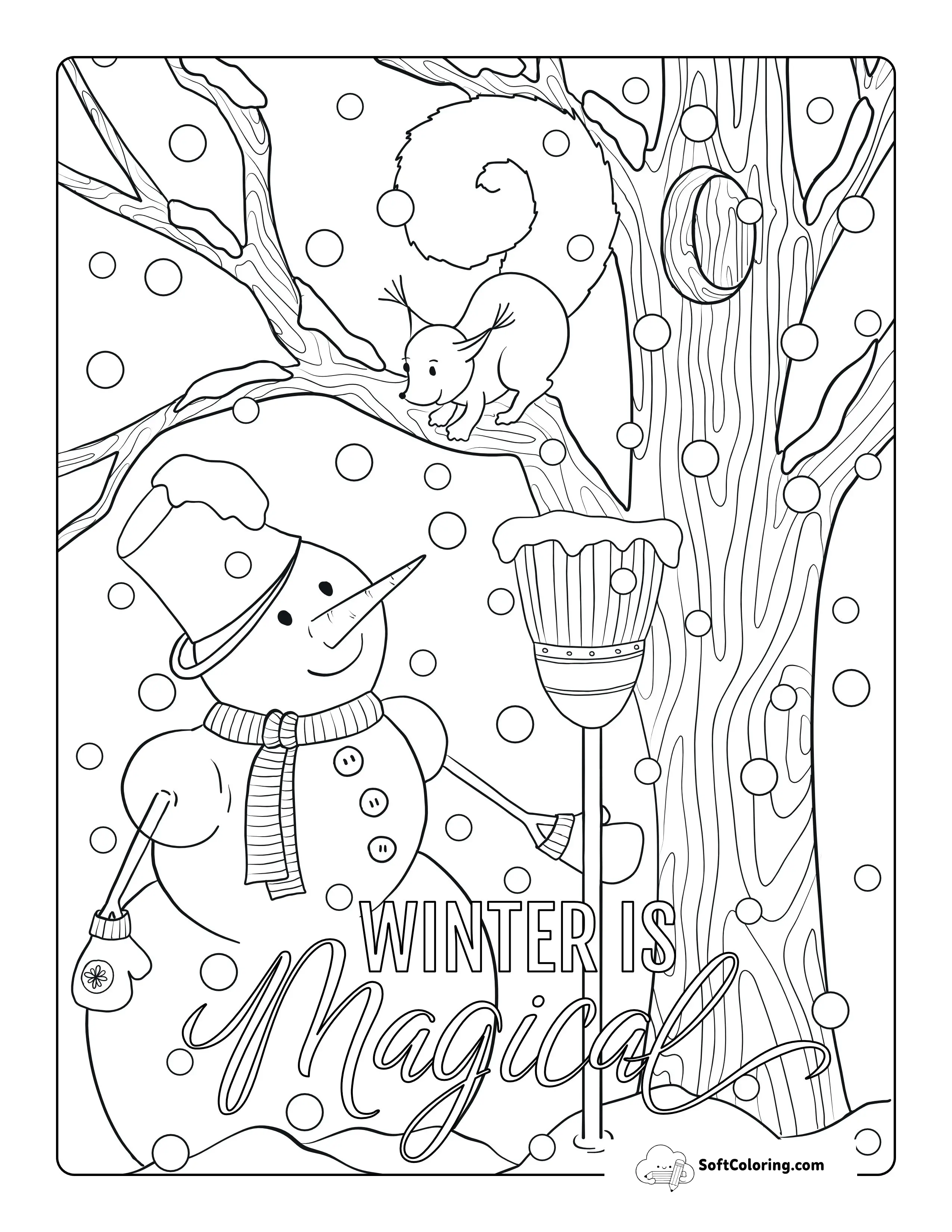 Winter Snowman Scene To Color