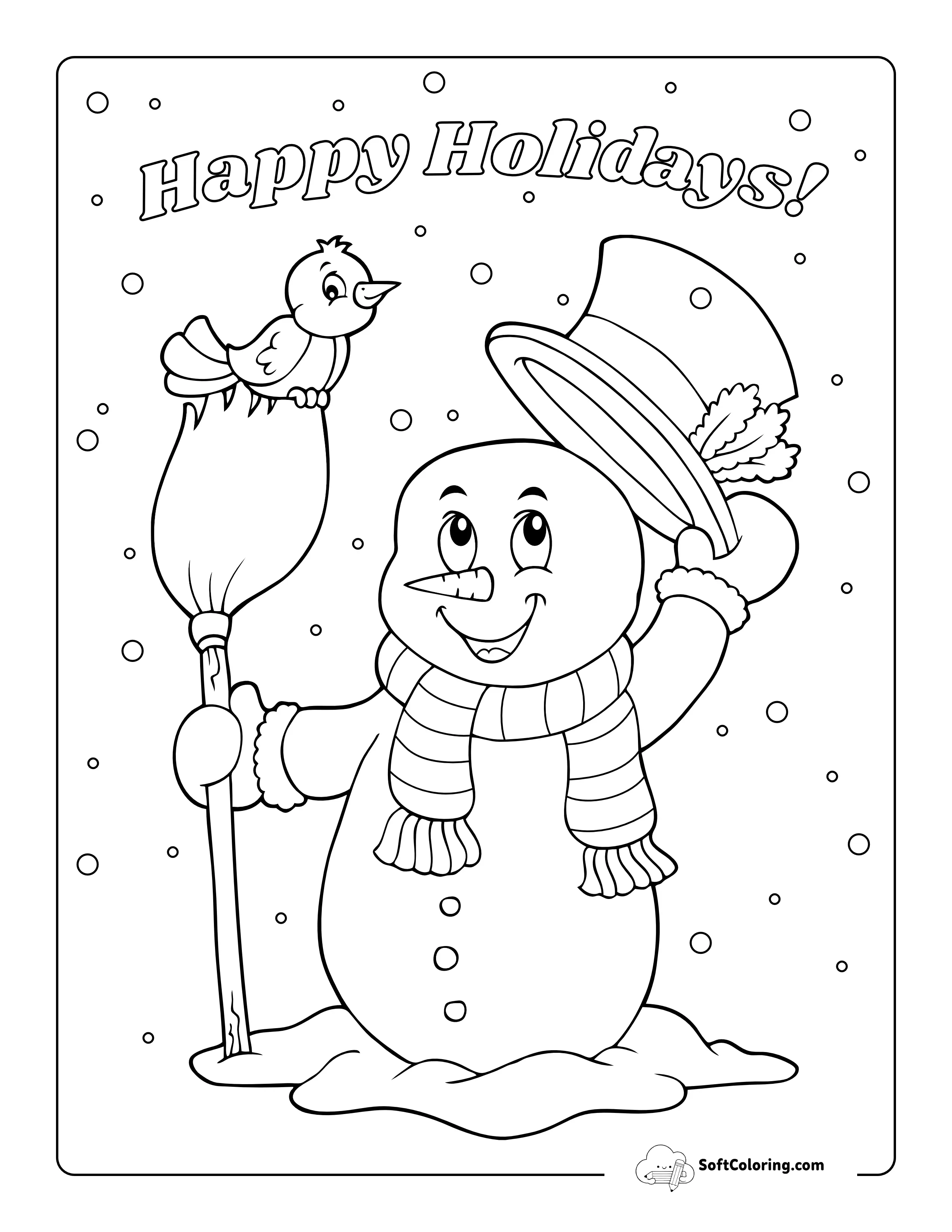 Cute Snowman With Bird Coloring Page