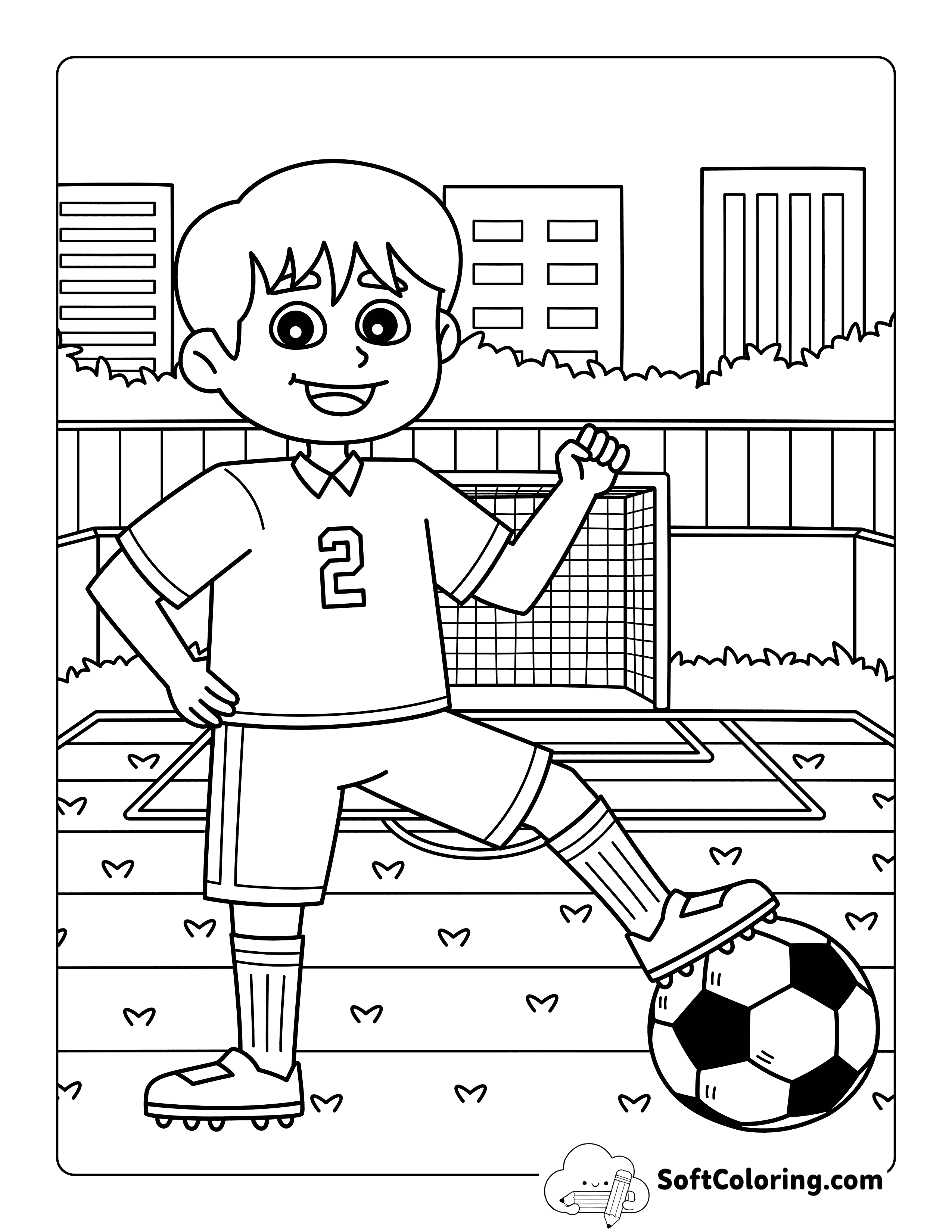 Boy Soccer Player on Soccer Field Easy Coloring Page