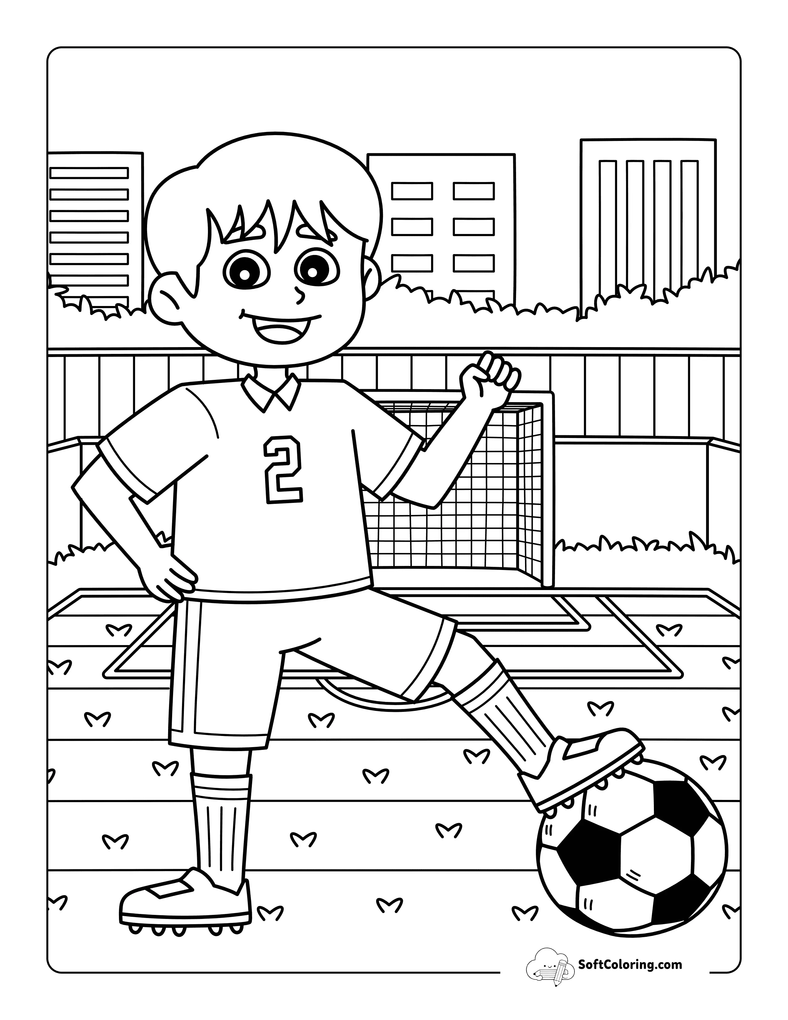 Boy Soccer Player On Soccer Field Easy Coloring Page
