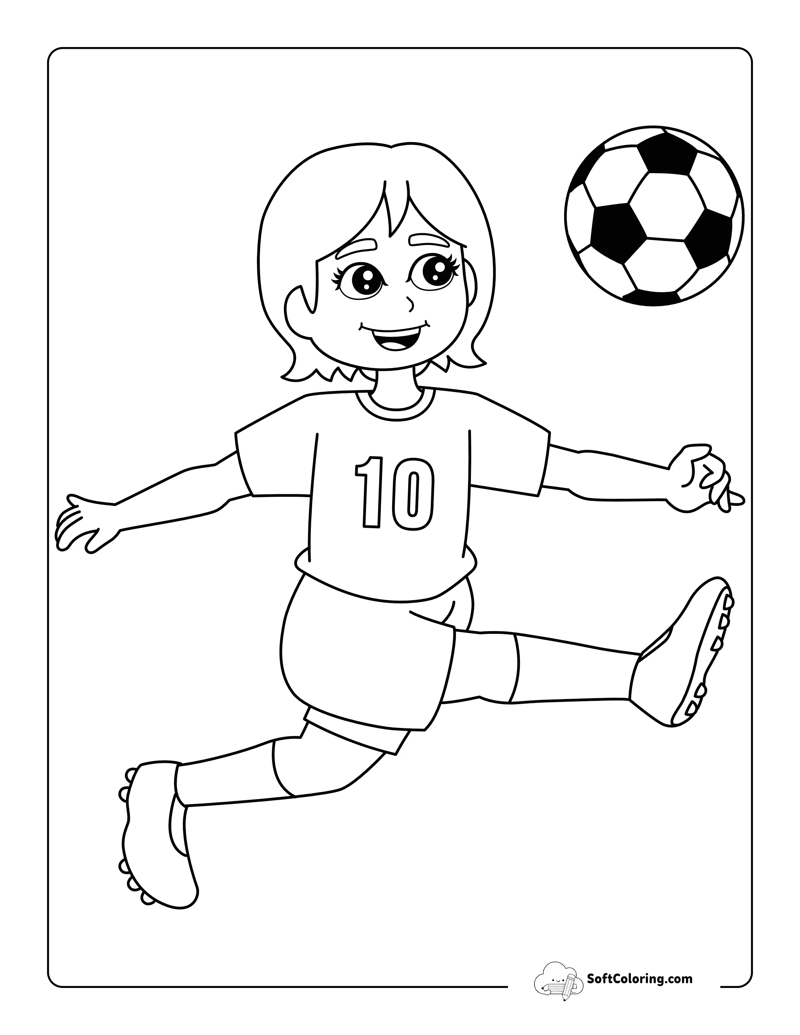Girl Soccer Player Kicking Soccer Ball Easy Coloring Page