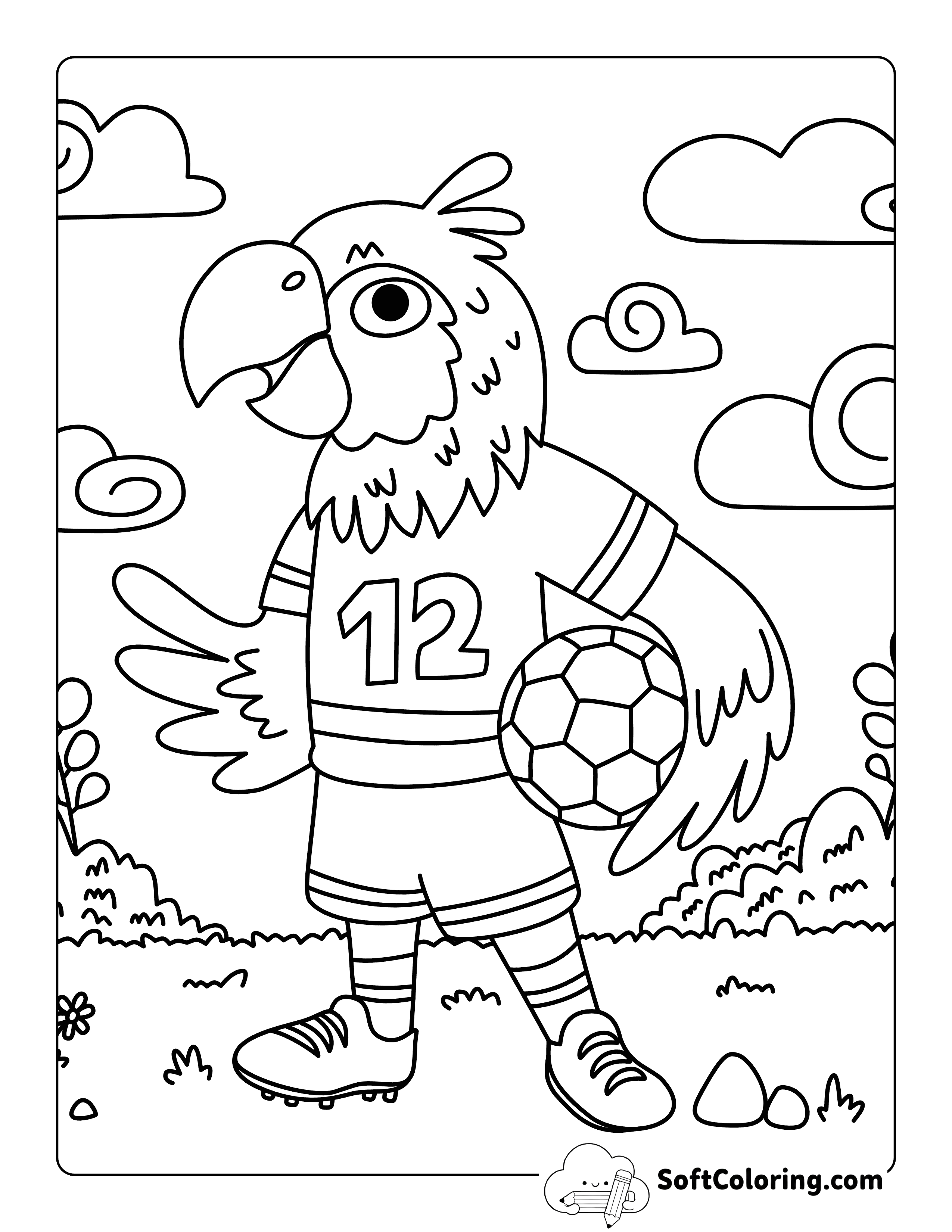Cute Parrot Soccer Player Holding Ball